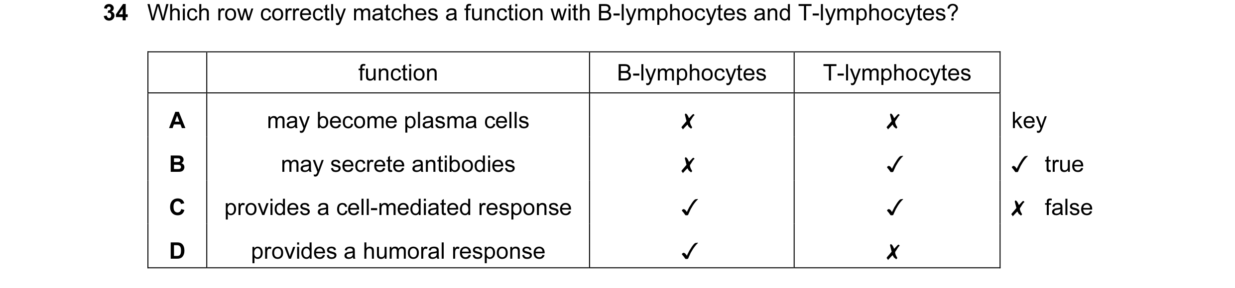 Question 30: Which row correctly matches a function with B-lymphocytes and T-lymphocytes?
function
B-lymphocytes
T-lymphocytes
0 0O WwW >
may becom…