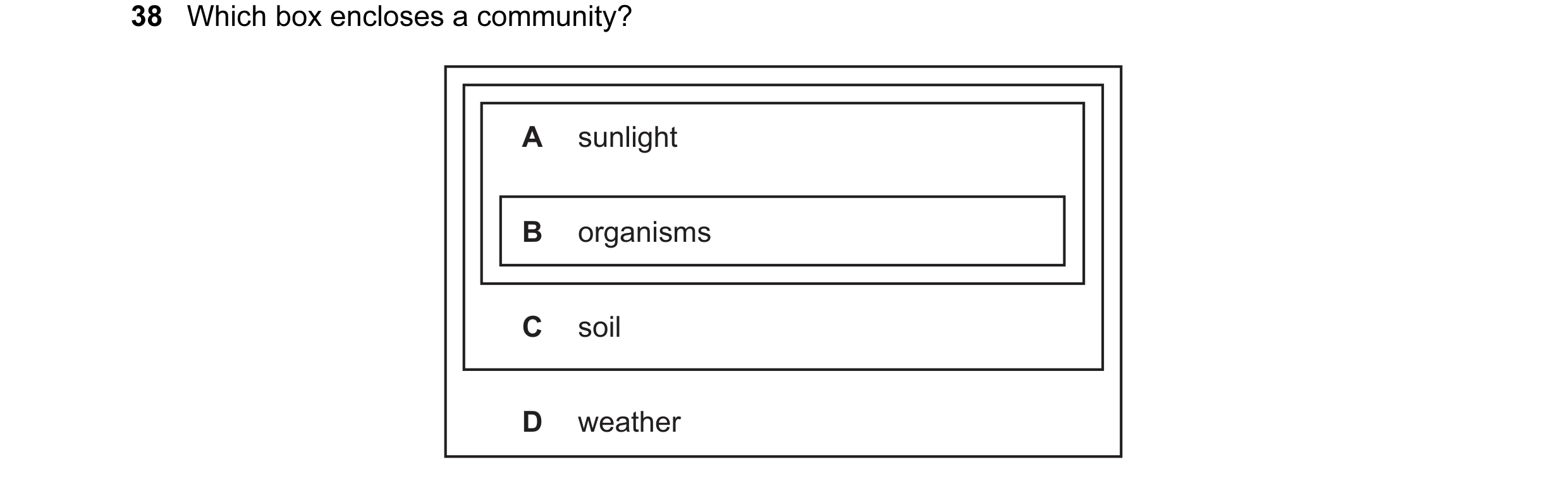 Question 37: Which box encloses a community? A sunlight B organisms C soil D weather