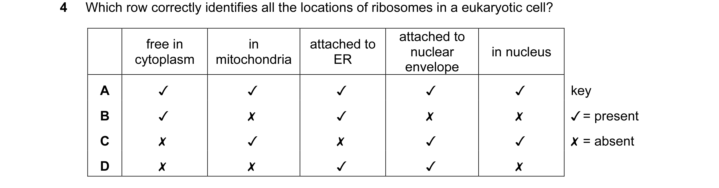 Question 67: Which row correctly identifies all the locations of ribosomes in a eukaryotic cell?

attached to

free in in attached to
cytoplasm | mitoch…