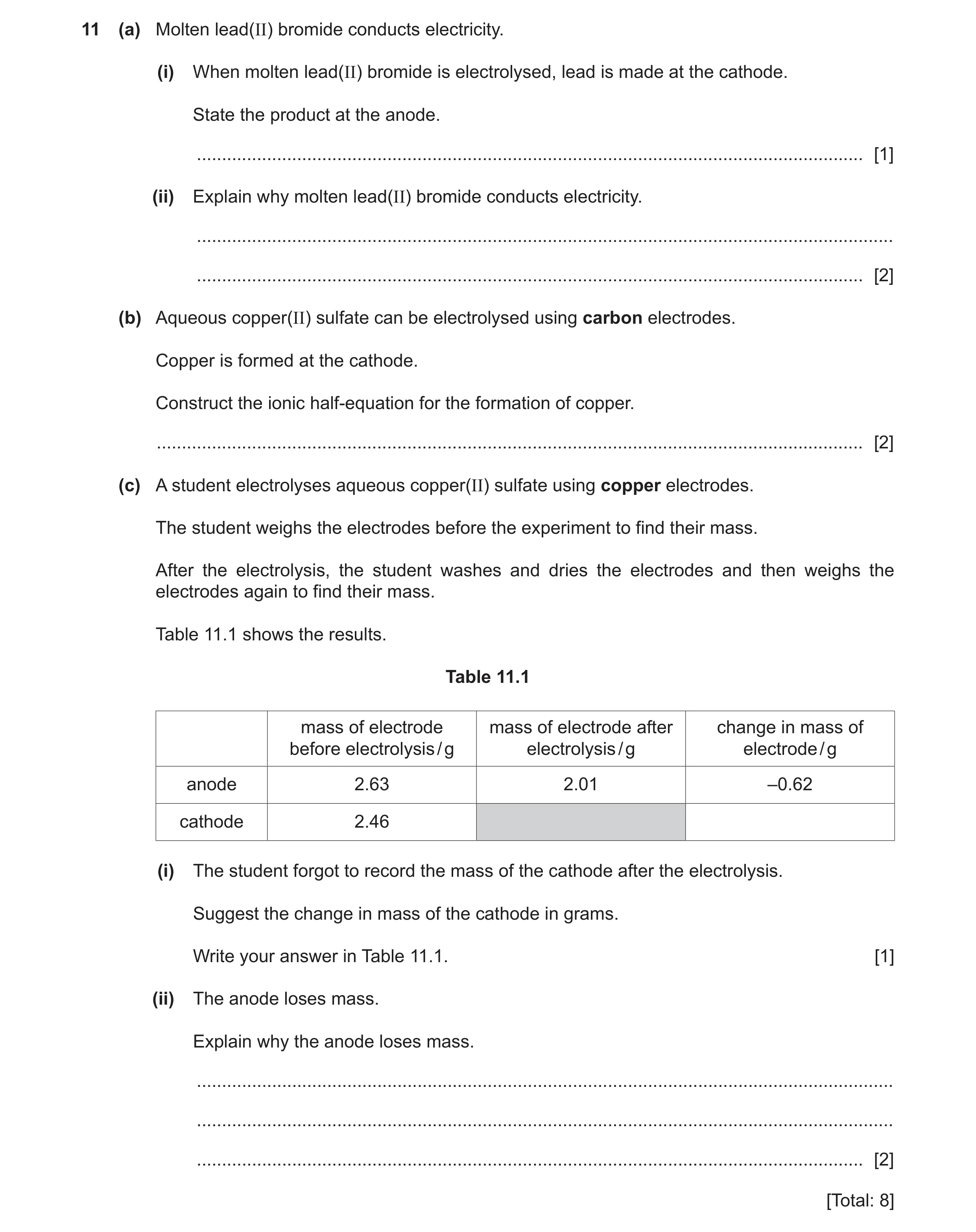 Question 14: (a) Molten lead(II) bromide conducts electricity. (i) When molten lead(II) bromide is electrolysed, lead is made at the cathode. State the …