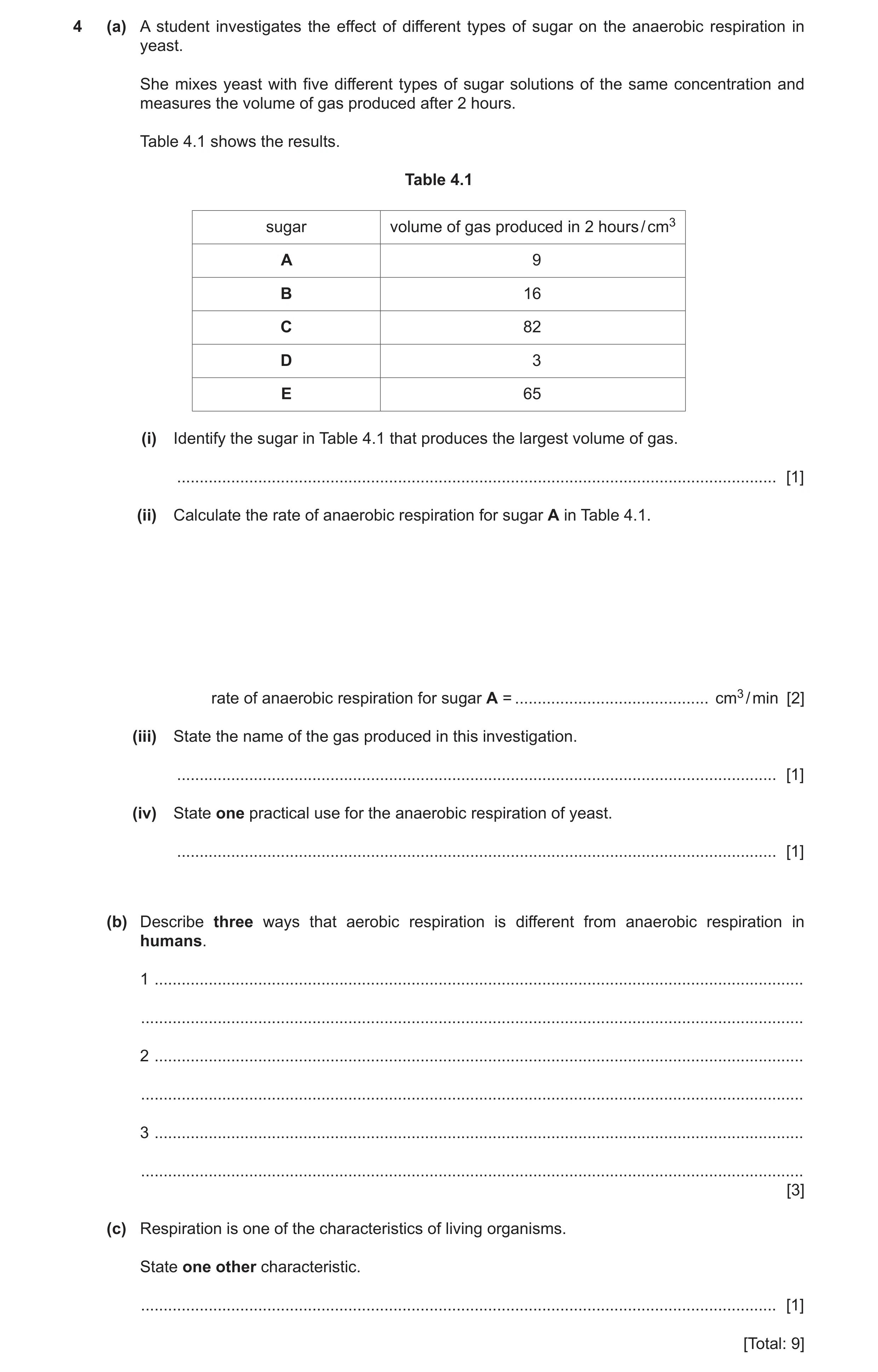 Question 18: (a) A student investigates the effect of different types of sugar on the anaerobic respiration in yeast. She mixes yeast with five differen…