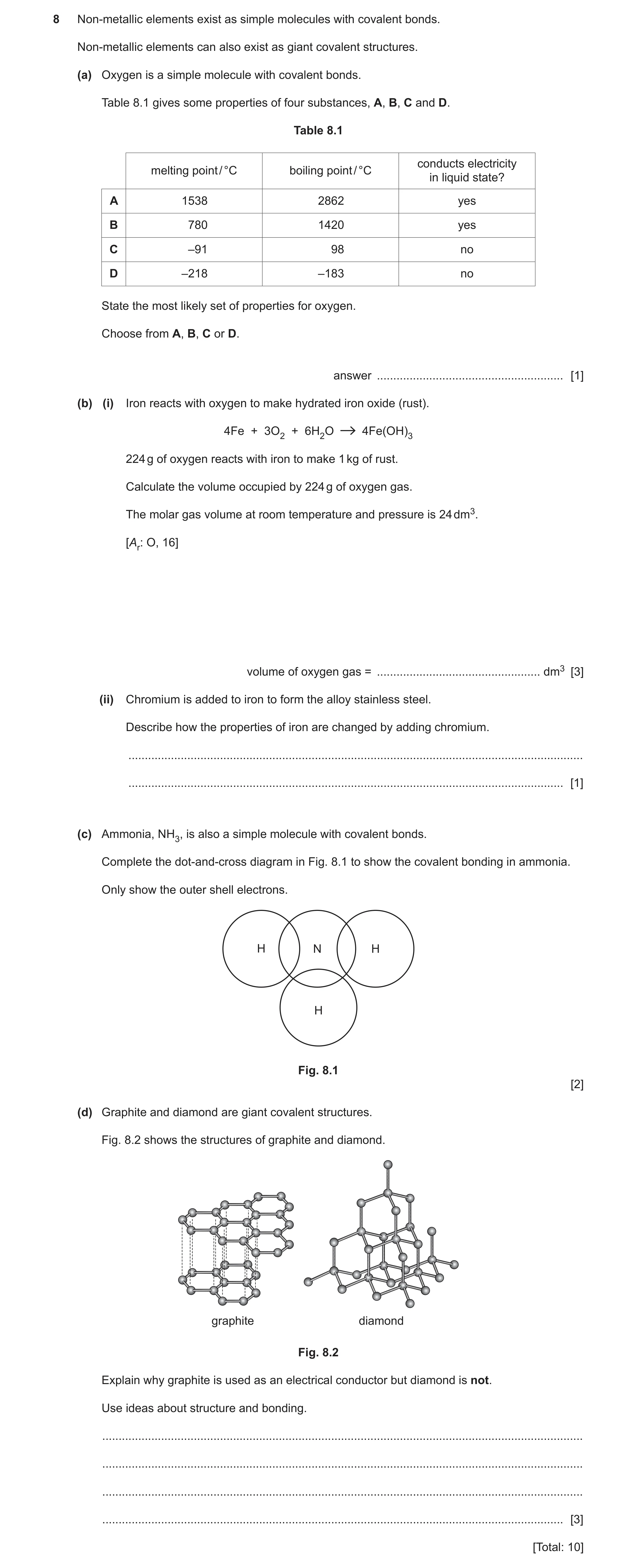 Question 30: Non-metallic elements exist as simple molecules with covalent bonds. Non-metallic elements can also exist as giant covalent structures. (a)…