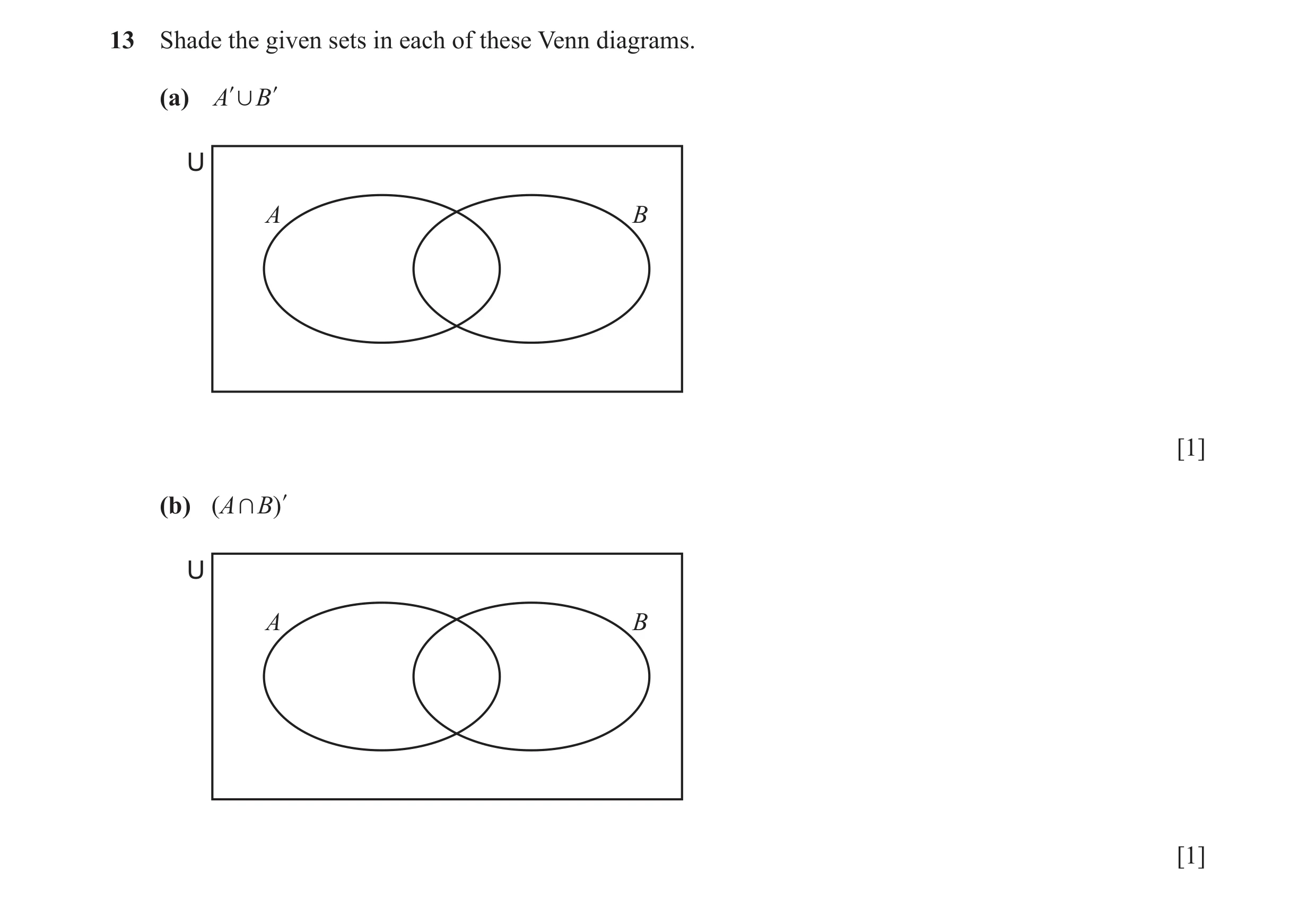 Question 12: Shade the given sets in each of these Venn diagrams. (a) Al , B l U A B [1] (b) ( A + B ) l U A B [1]