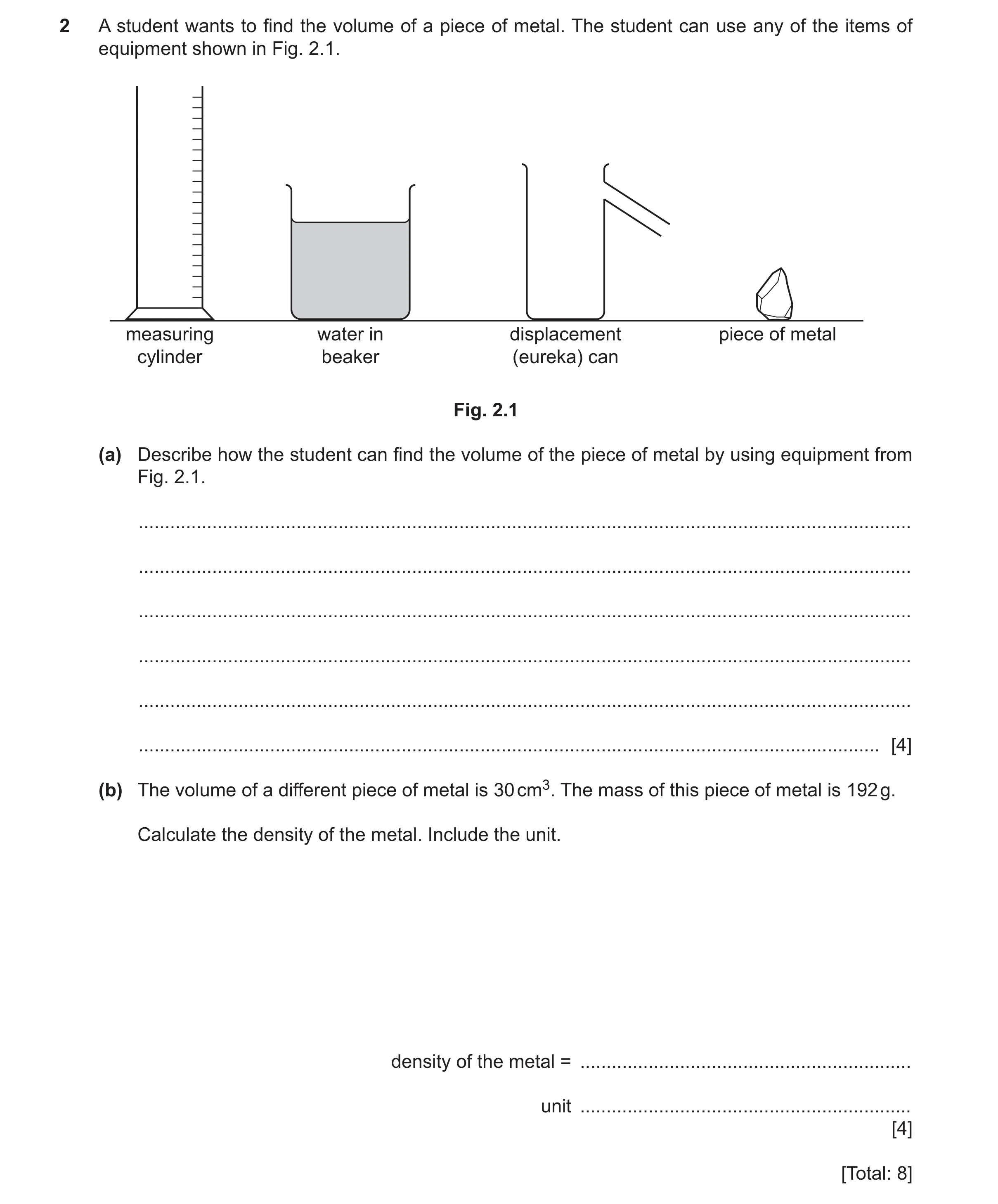 Question 31: A student wants to find the volume of a piece of metal. The student can use any of the items of equipment shown in Fig. 2.1. measuring wate…