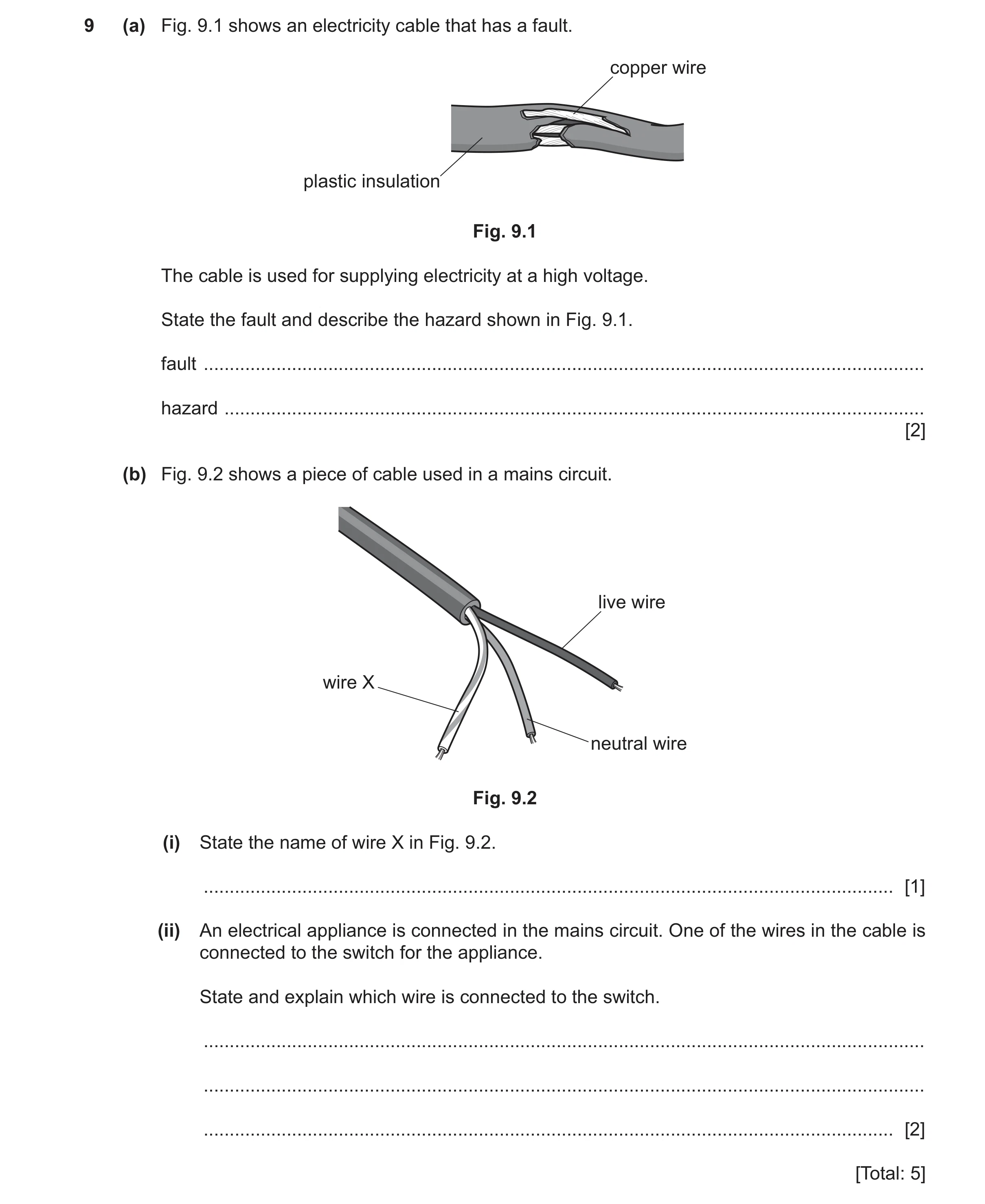 Question 19: (a) Fig. 9.1 shows an electricity cable that has a fault. copper wire plastic insulation Fig. 9.1 The cable is used for supplying electrici…