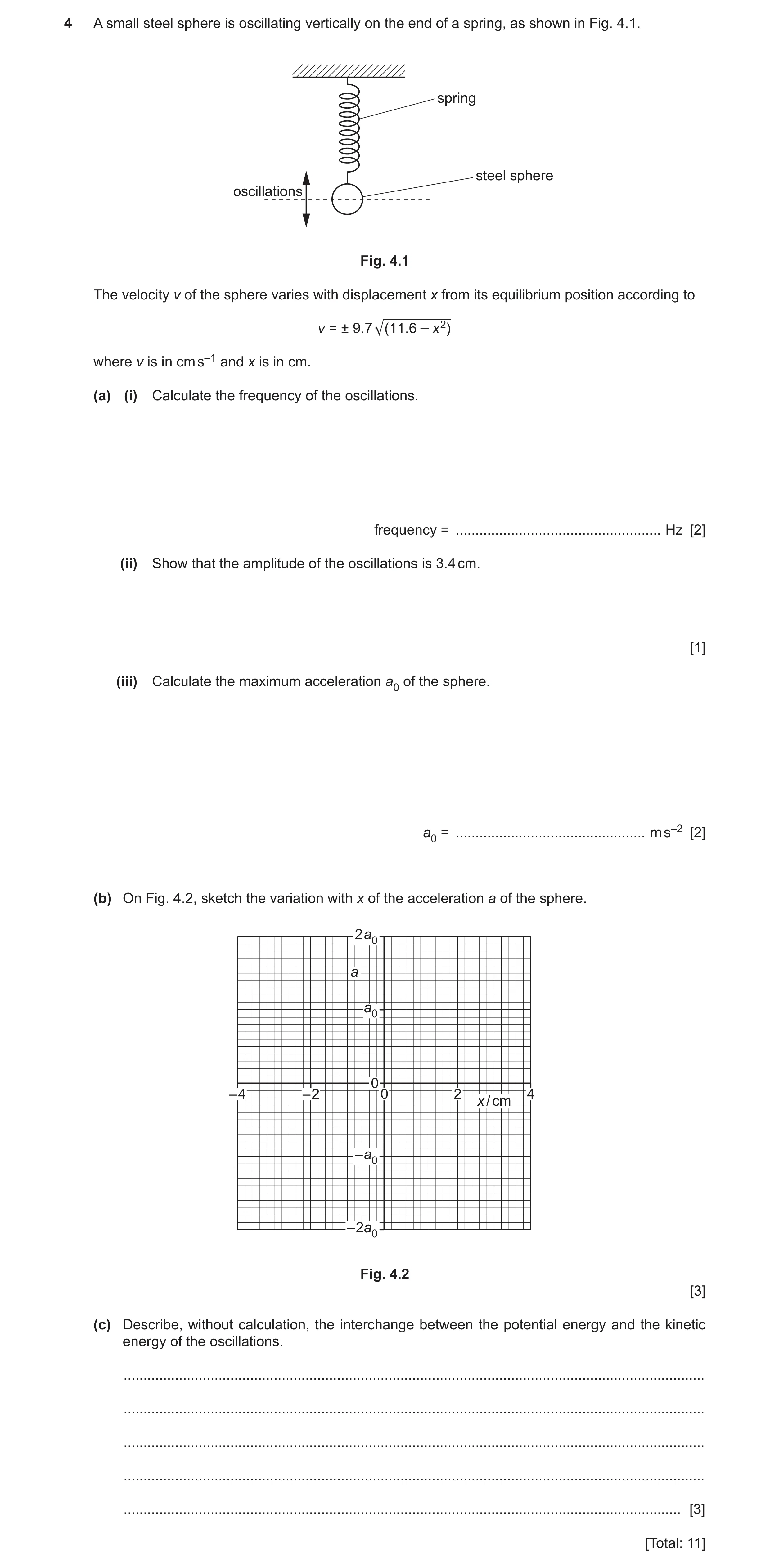 Question 43: A small steel sphere is oscillating vertically on the end of a spring, as shown in Fig. 4.1. spring steel sphere oscillations Fig. 4.1 The …