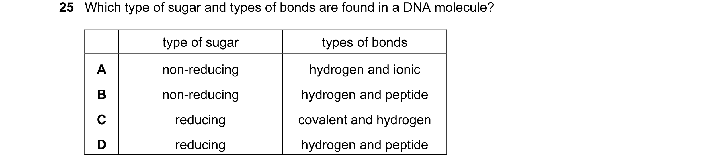 Question 38: Which type of sugar and types of bonds are found in a DNA molecule? type of sugar types of bonds A non-reducing hydrogen and ionic B non-re…