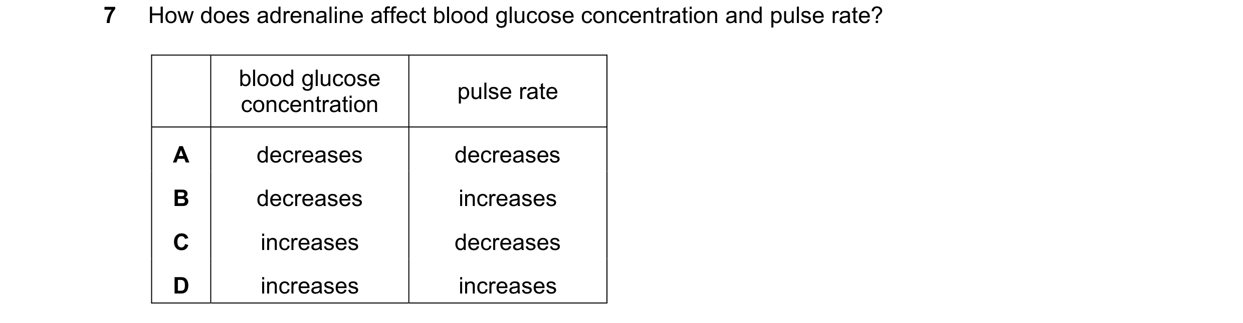 Question 35: How does adrenaline affect blood glucose concentration and pulse rate? blood glucose pulse rate concentration A decreases decreases B decre…
