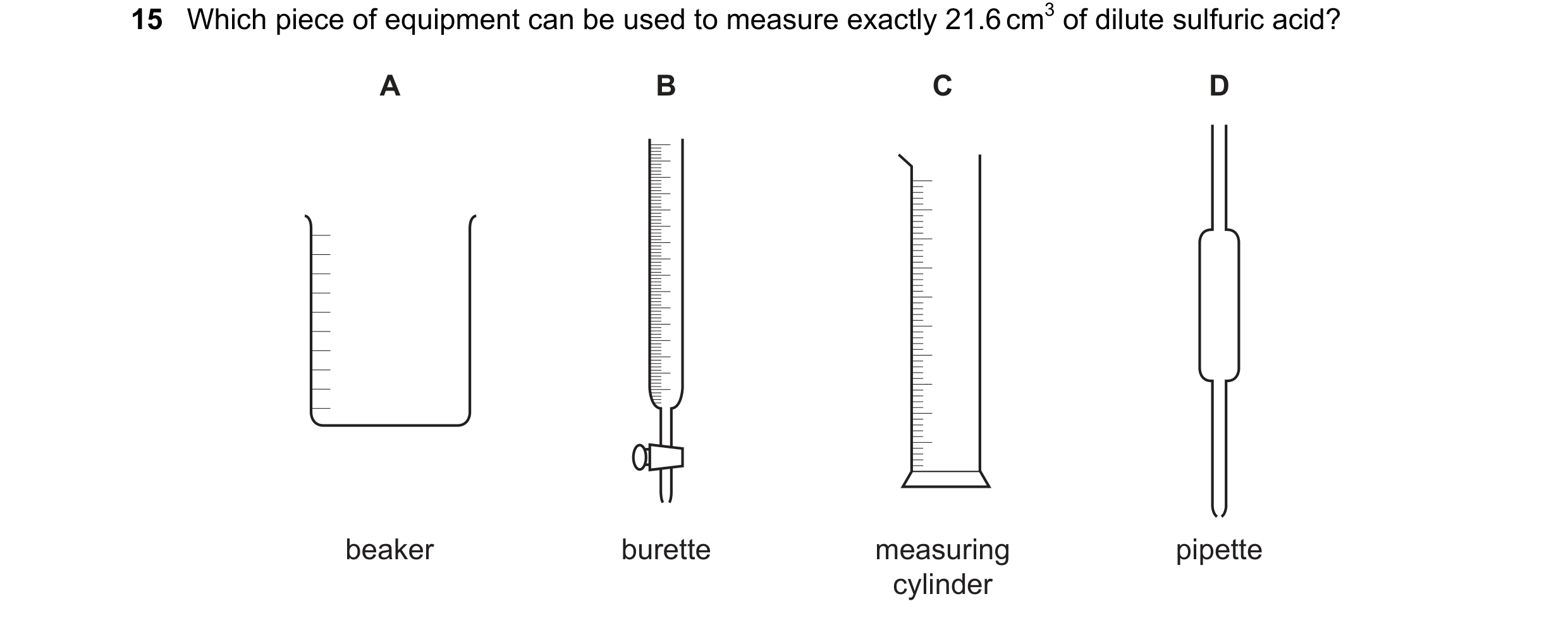 Question 8: Which piece of equipment can be used to measure exactly 21.6 cm3 of dilute sulfuric acid? A B C D beaker burette measuring pipette cylinder