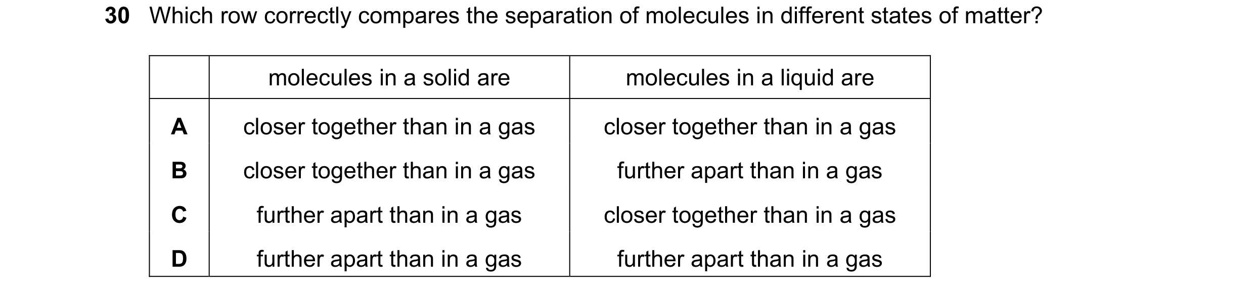 Question 52: Which row correctly compares the separation of molecules in different states of matter? molecules in a solid are molecules in a liquid are …