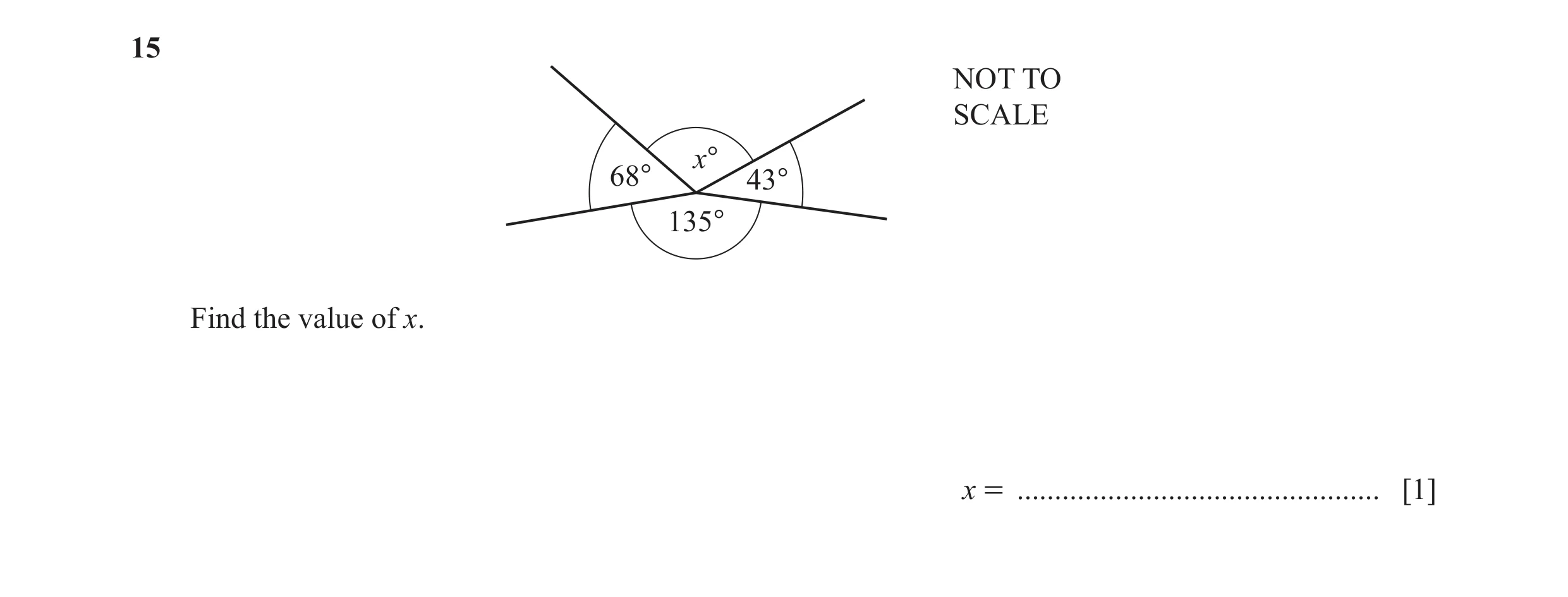 Question 109: NOT TO SCALE x° 68° 43° 135° Find the value of x. x = ................................................ [1]