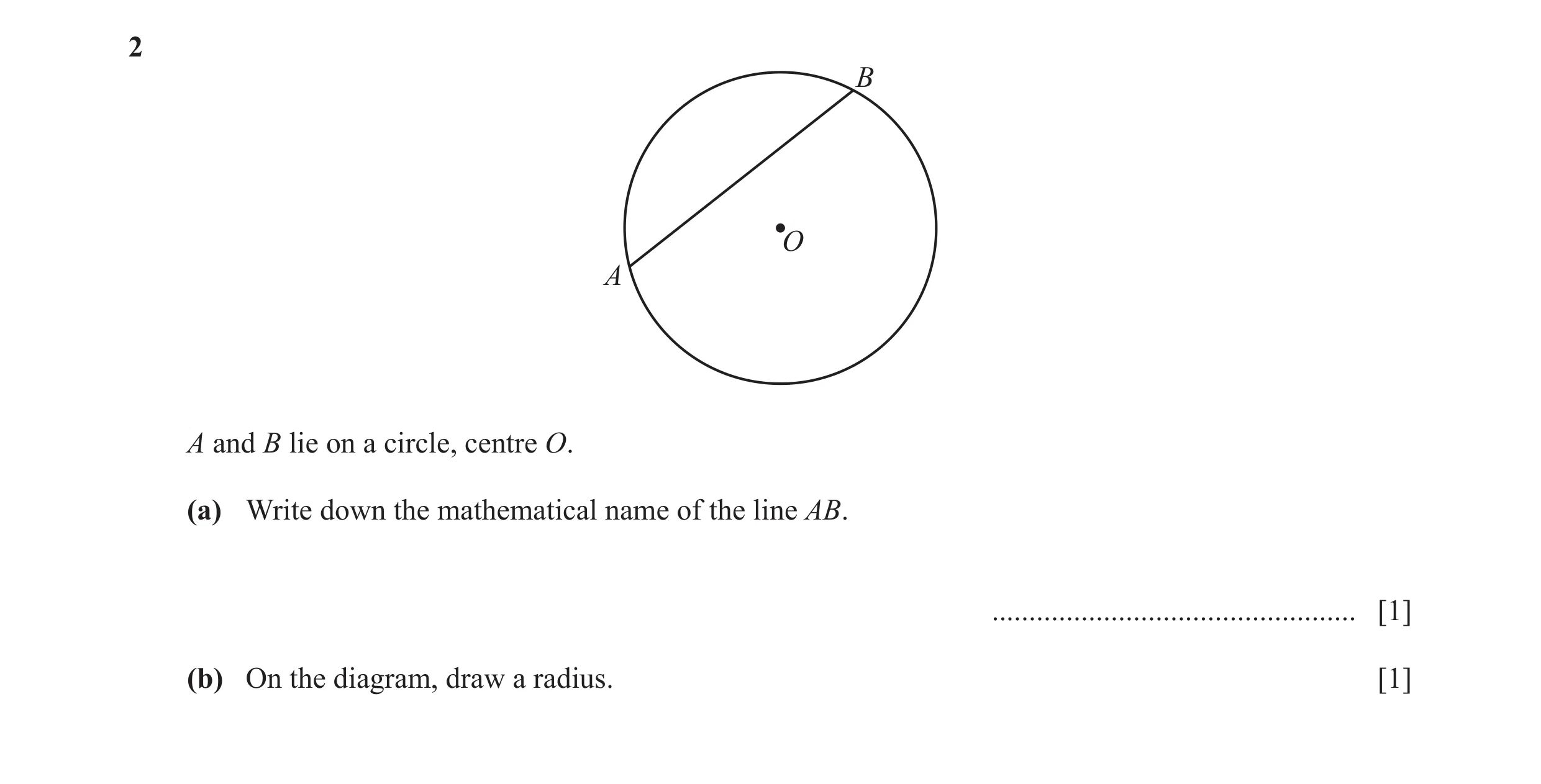 Question 68: B O A A and B lie on a circle, centre O. (a) Write down the mathematical name of the line AB. .............................................…