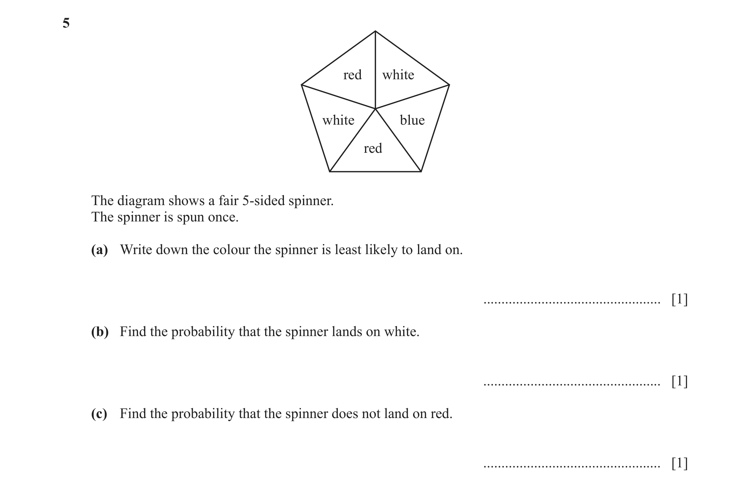 Question 47: red white white blue red The diagram shows a fair 5-sided spinner. The spinner is spun once. (a) Write down the colour the spinner is least…