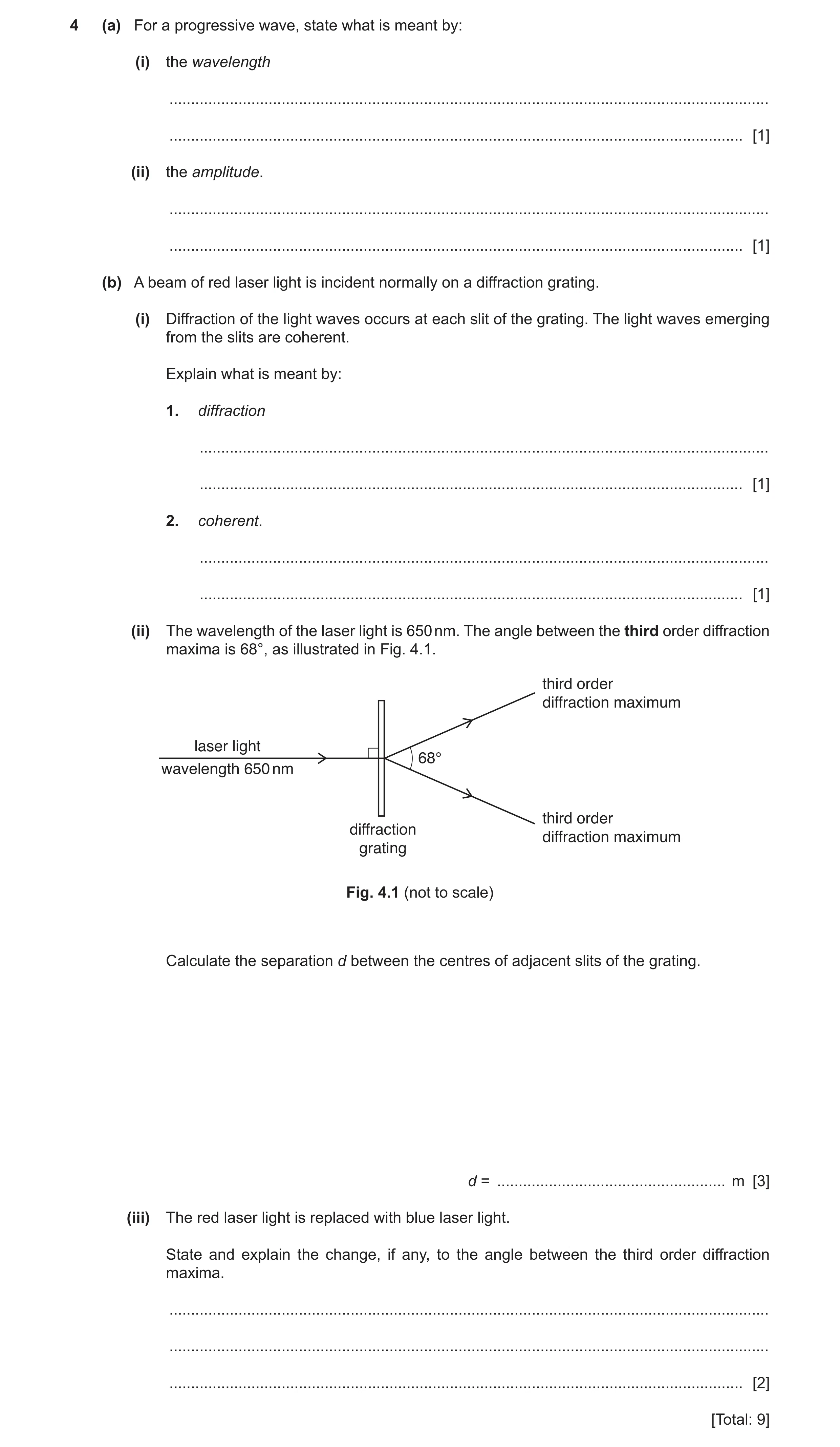 Question 7: (a) For a progressive wave, state what is meant by: (i) the wavelength ....................................................................…