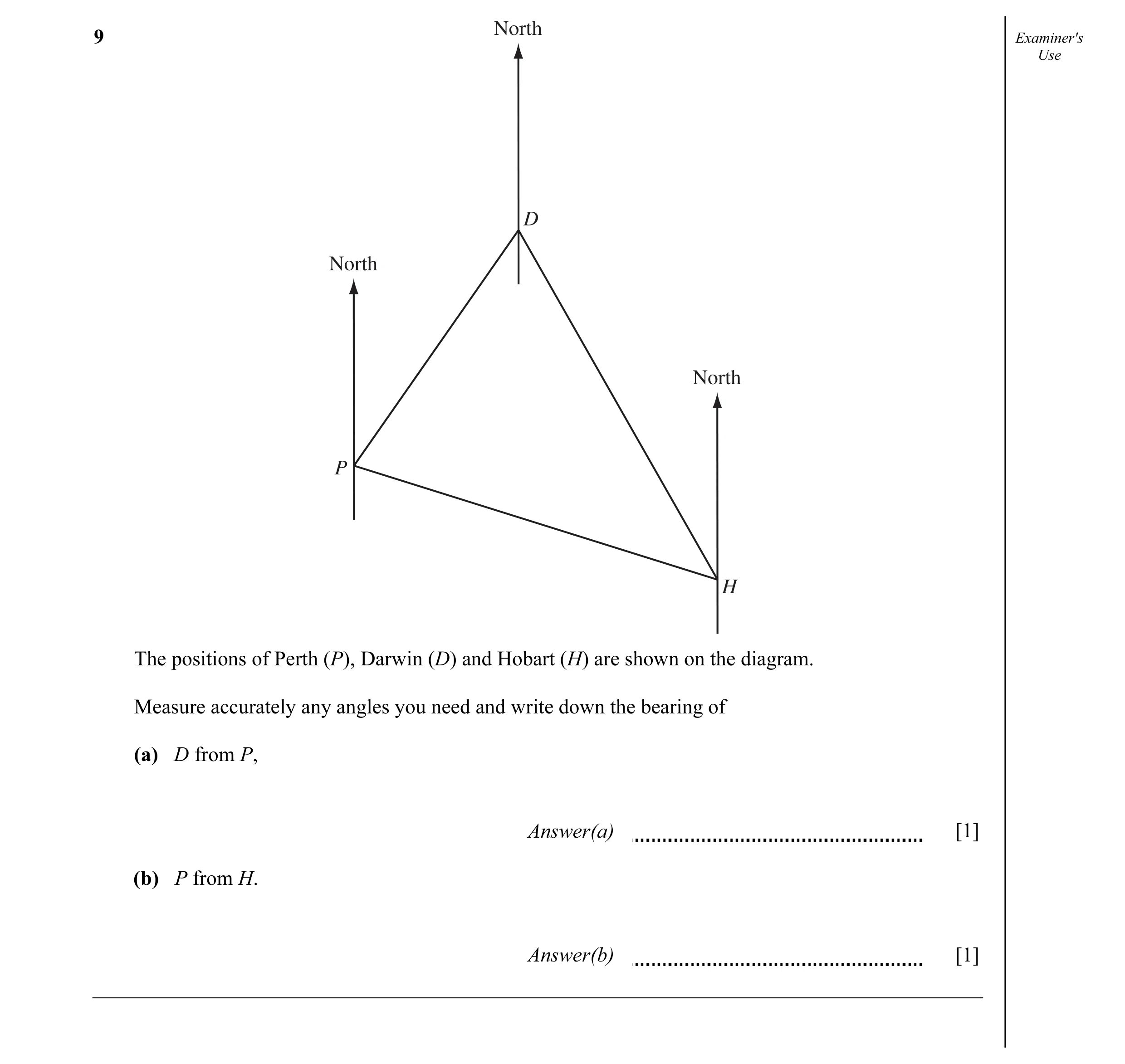 Question 11: North9 Examiner's Use D North North P H The positions of Perth (P), Darwin (D) and Hobart (H) are shown on the diagram. Measure accurately …