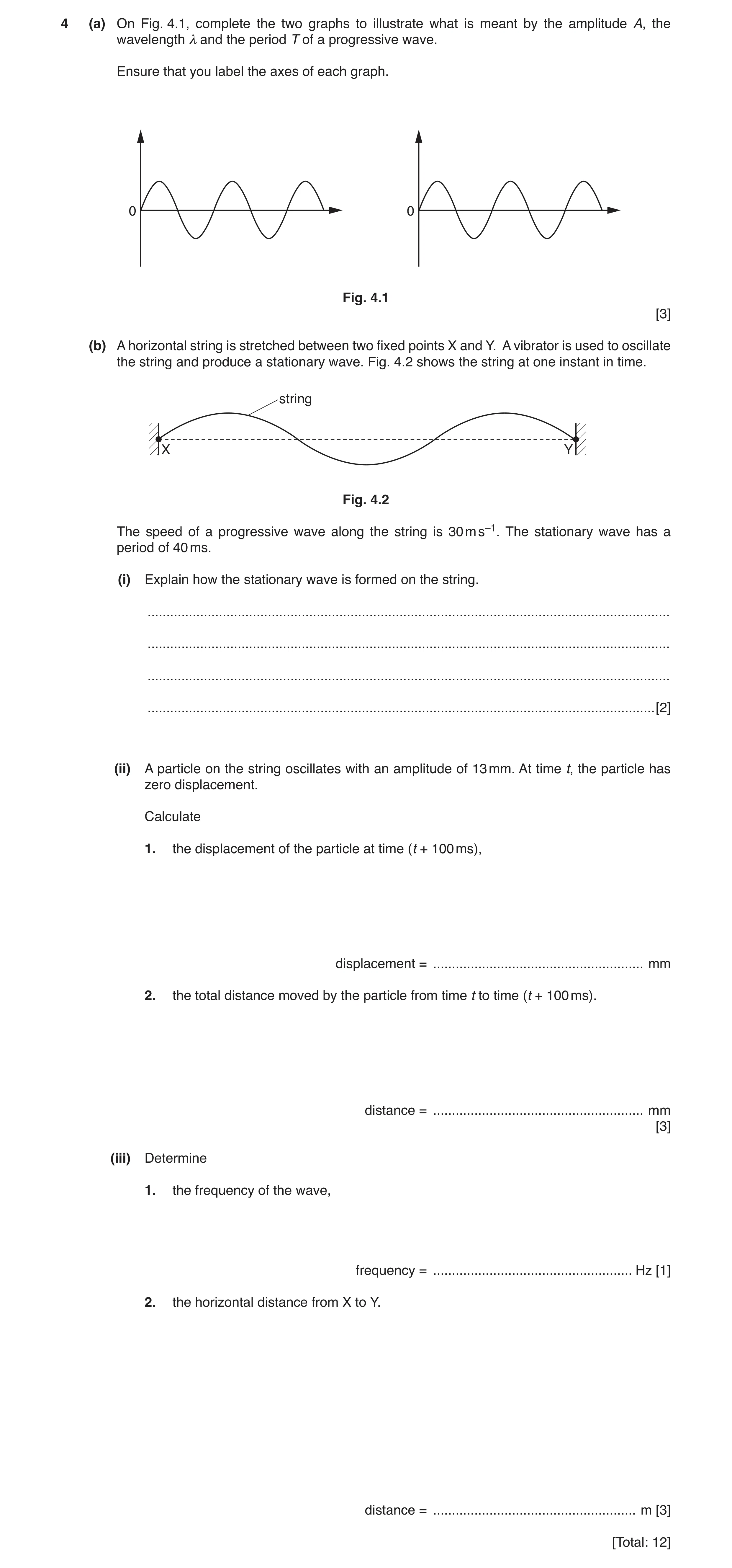 Question 4: (a) On Fig. 4.1, complete the two graphs to illustrate what is meant by the amplitude A, the wavelength λ and the period T of a progressive…