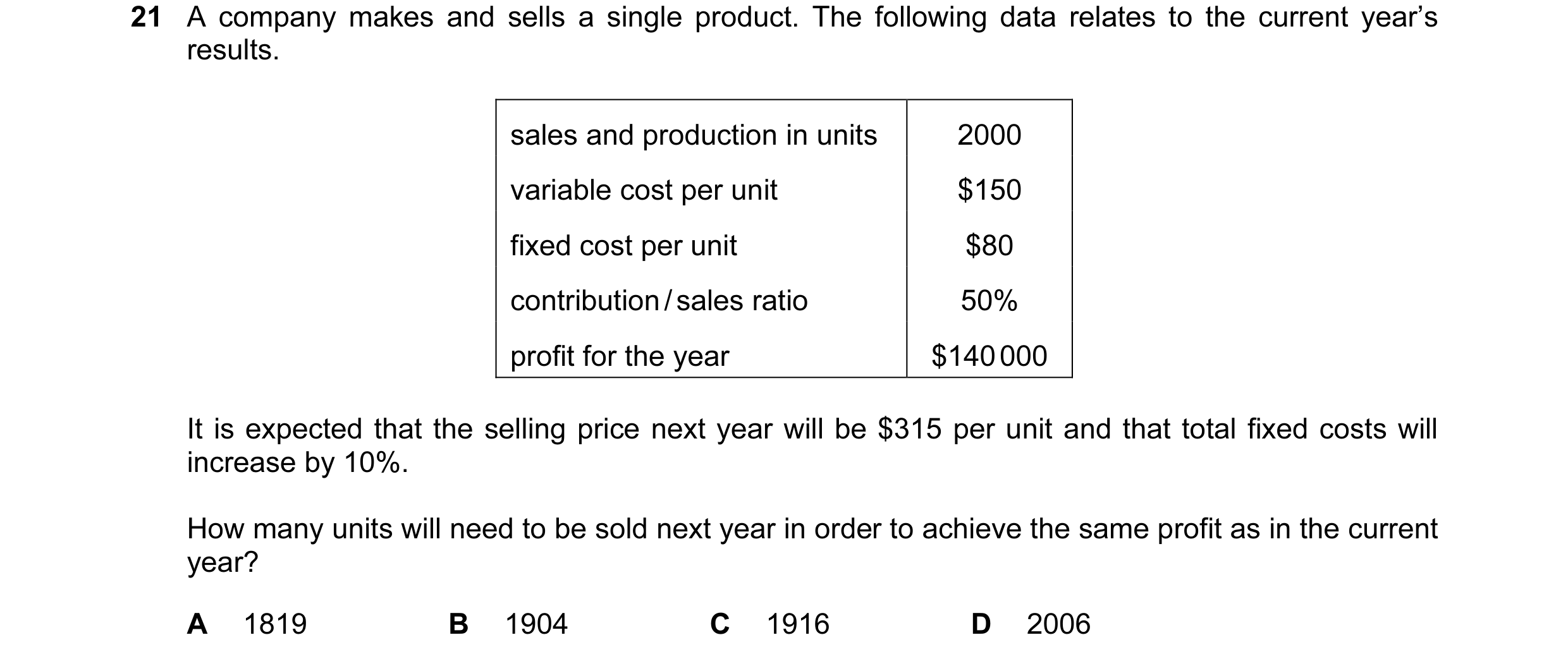 Question 59: A company makes and sells a single product. The following data relates to the current year’s results. sales and production in units 2000 va…
