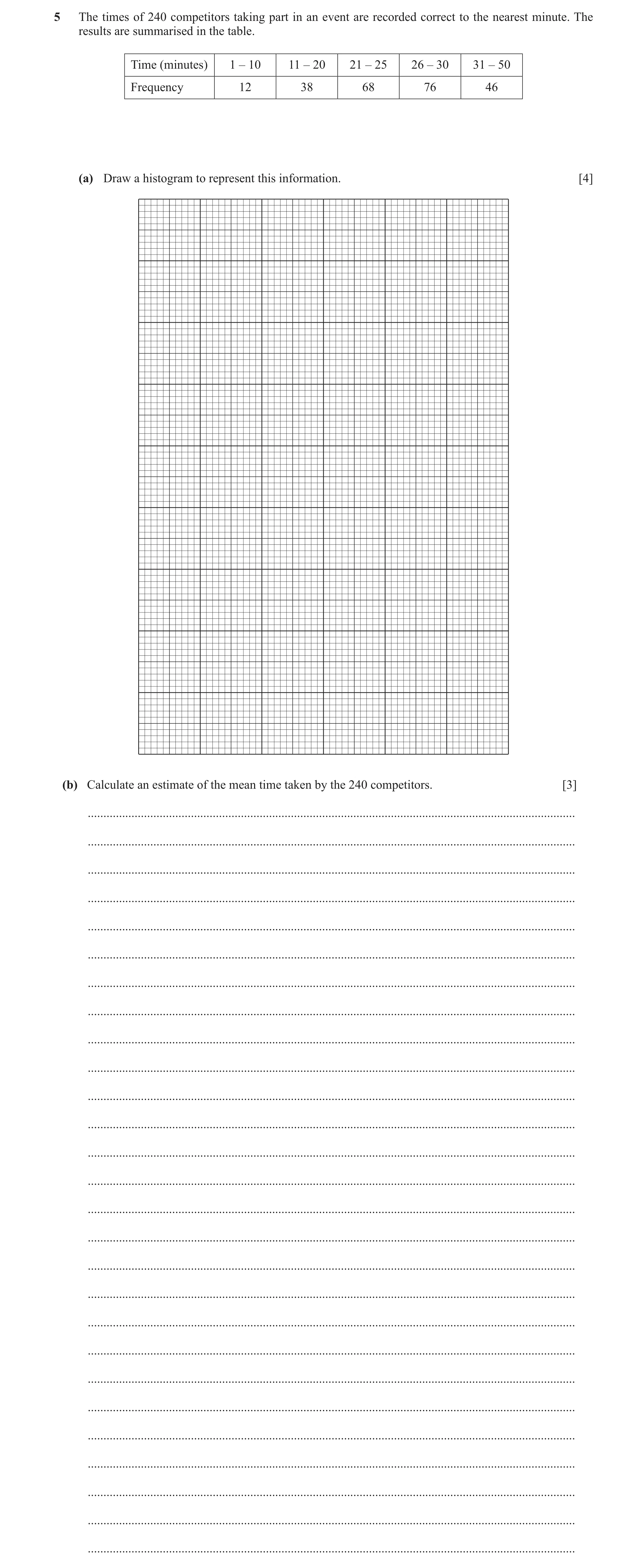 Question 49: (b) Calculate an estimate of the mean time taken by the 240 competitors. [3] ..............................................................…