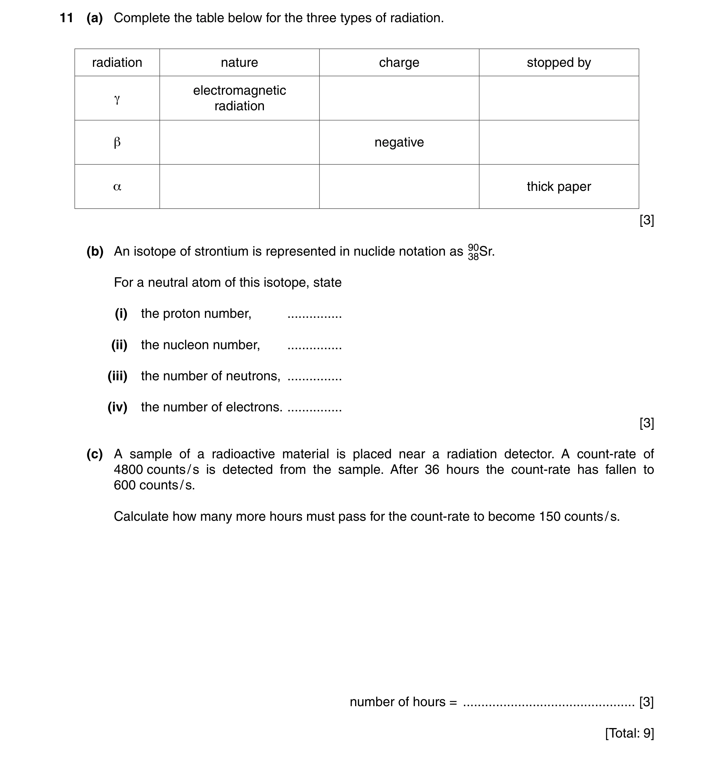 Question 16: (a) Complete the table below for the three types of radiation. radiation nature charge stopped by electromagnetic γ radiation β negative α …