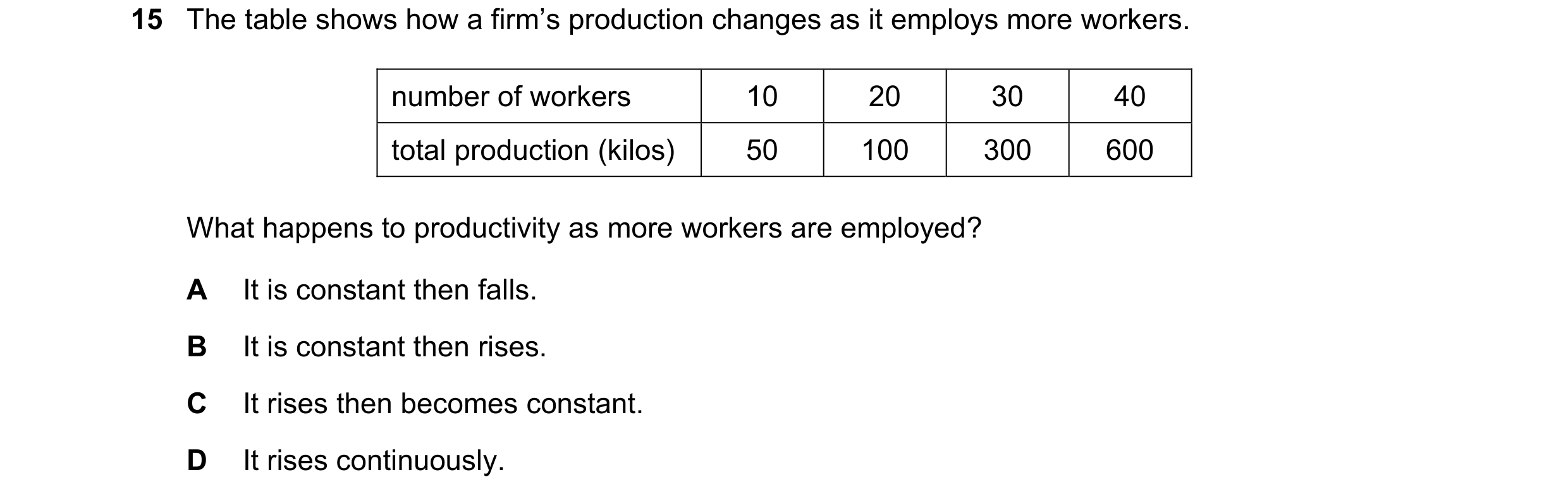 Question 40: The table shows how a firm’s production changes as it employs more workers. number of workers 10 20 30 40 total production (kilos) 50 100 3…