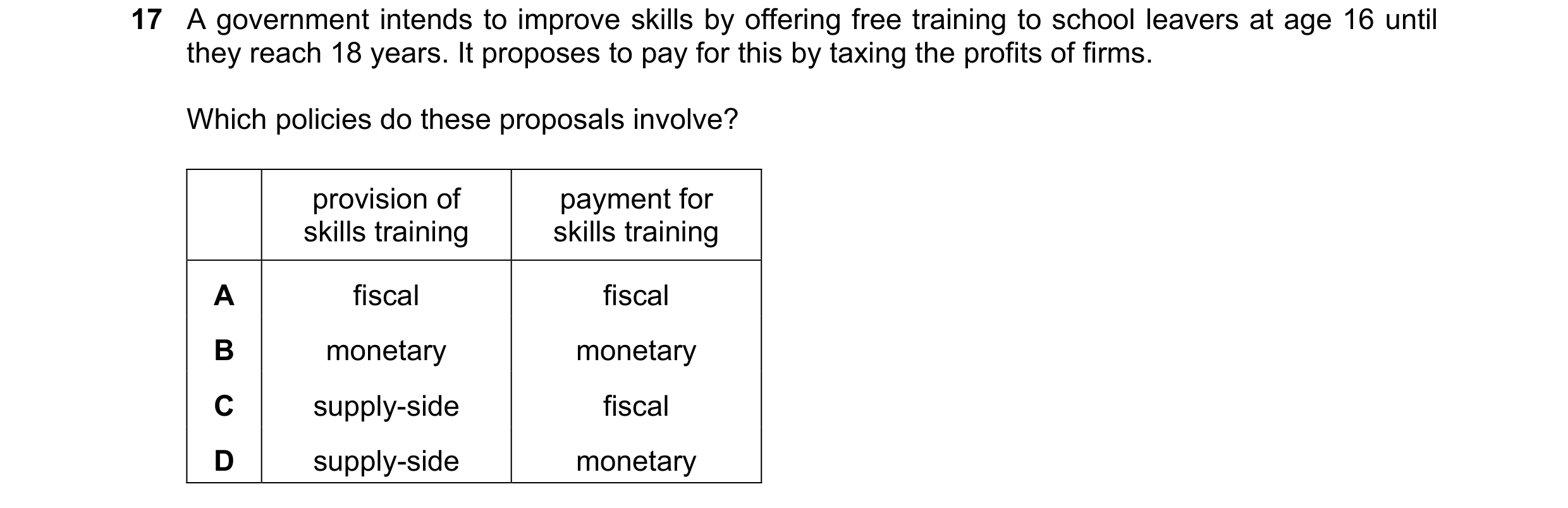 Question 111: A government intends to improve skills by offering free training to school leavers at age 16 until they reach 18 years. It proposes to pay …