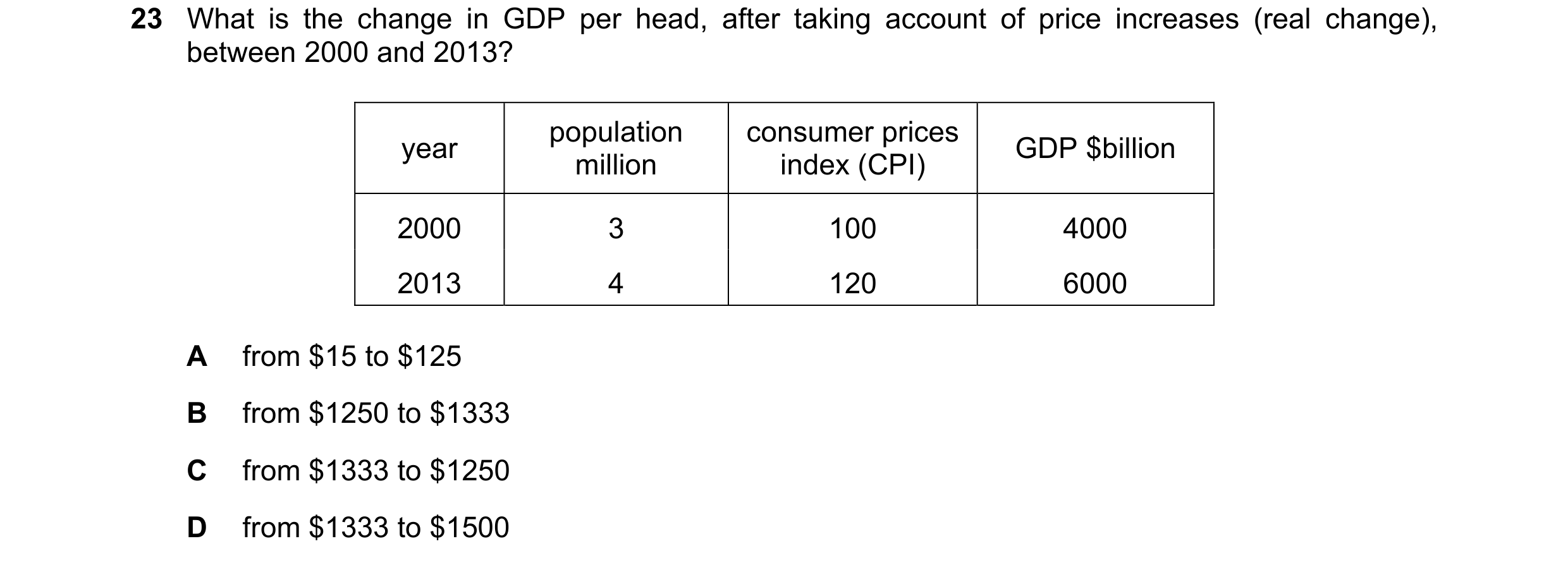 Question 89: What is the change in GDP per head, after taking account of price increases (real change), between 2000 and 2013? population consumer price…