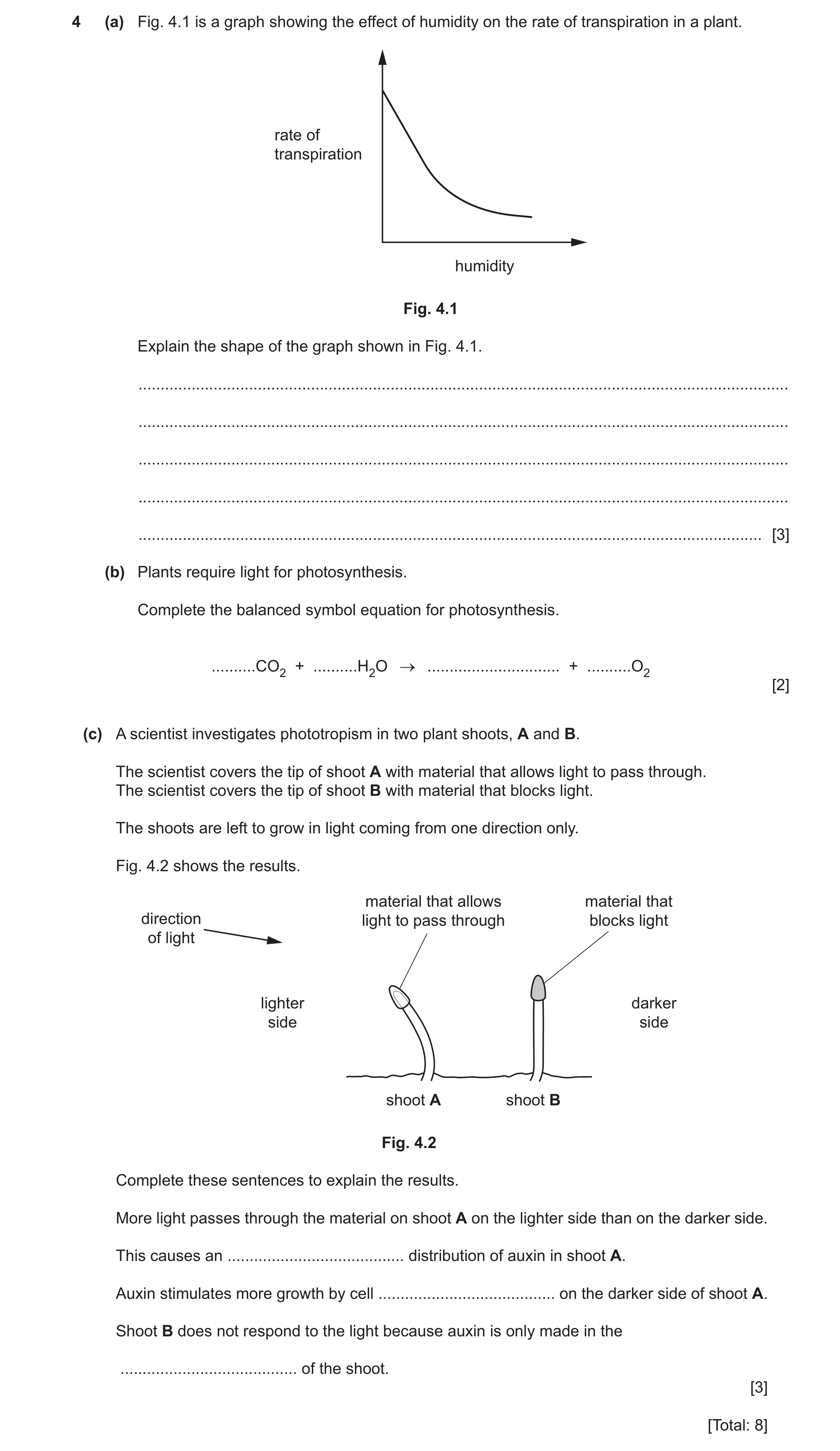 Question 13: (a) Fig. 4.1 is a graph showing the effect of humidity on the rate of transpiration in a plant. rate of transpiration humidity Fig. 4.1 Exp…