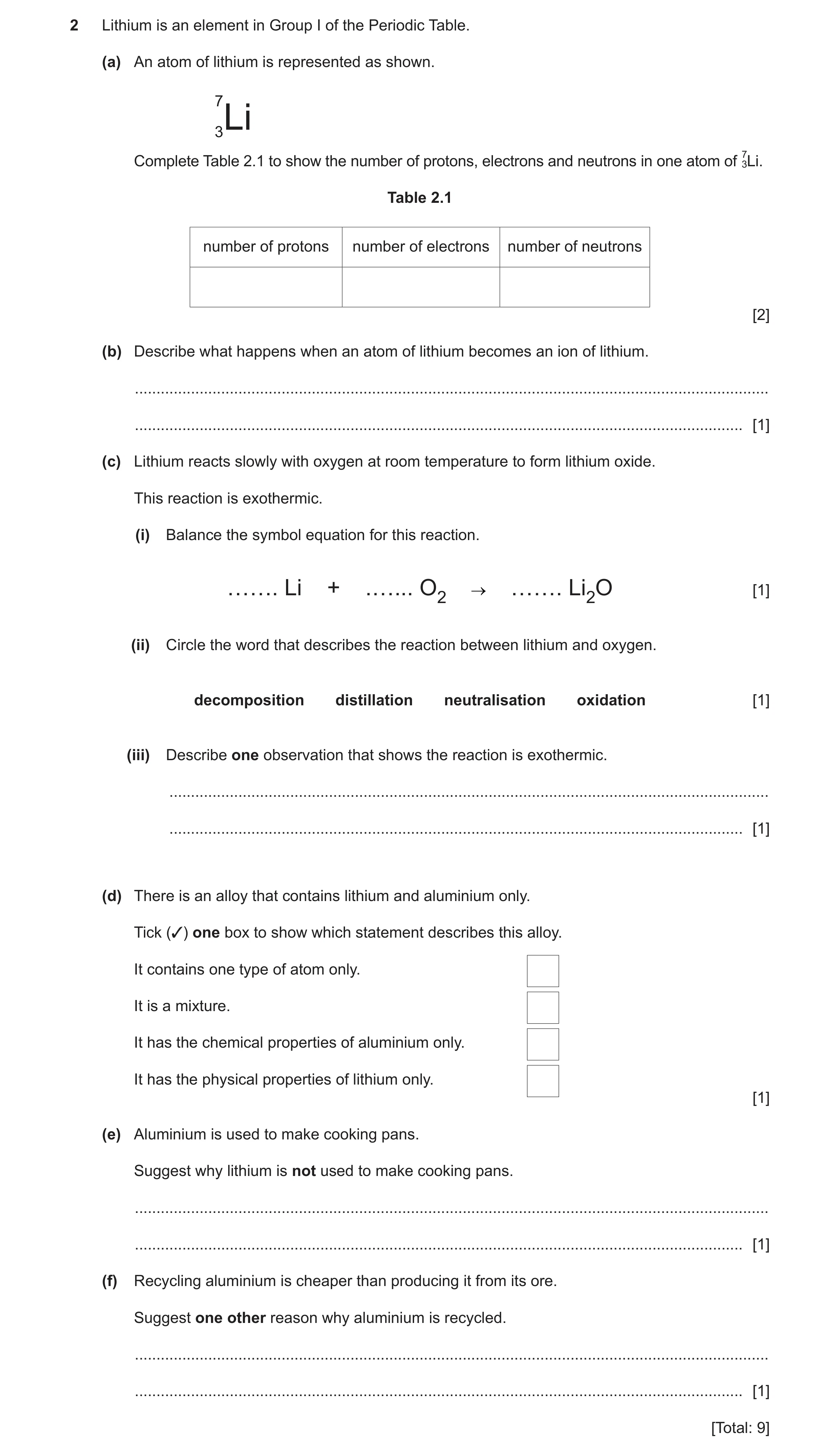 Question 27: Lithium is an element in Group I of the Periodic Table. (a) An atom of lithium is represented as shown. 73Li Complete Table 2.1 to show the…