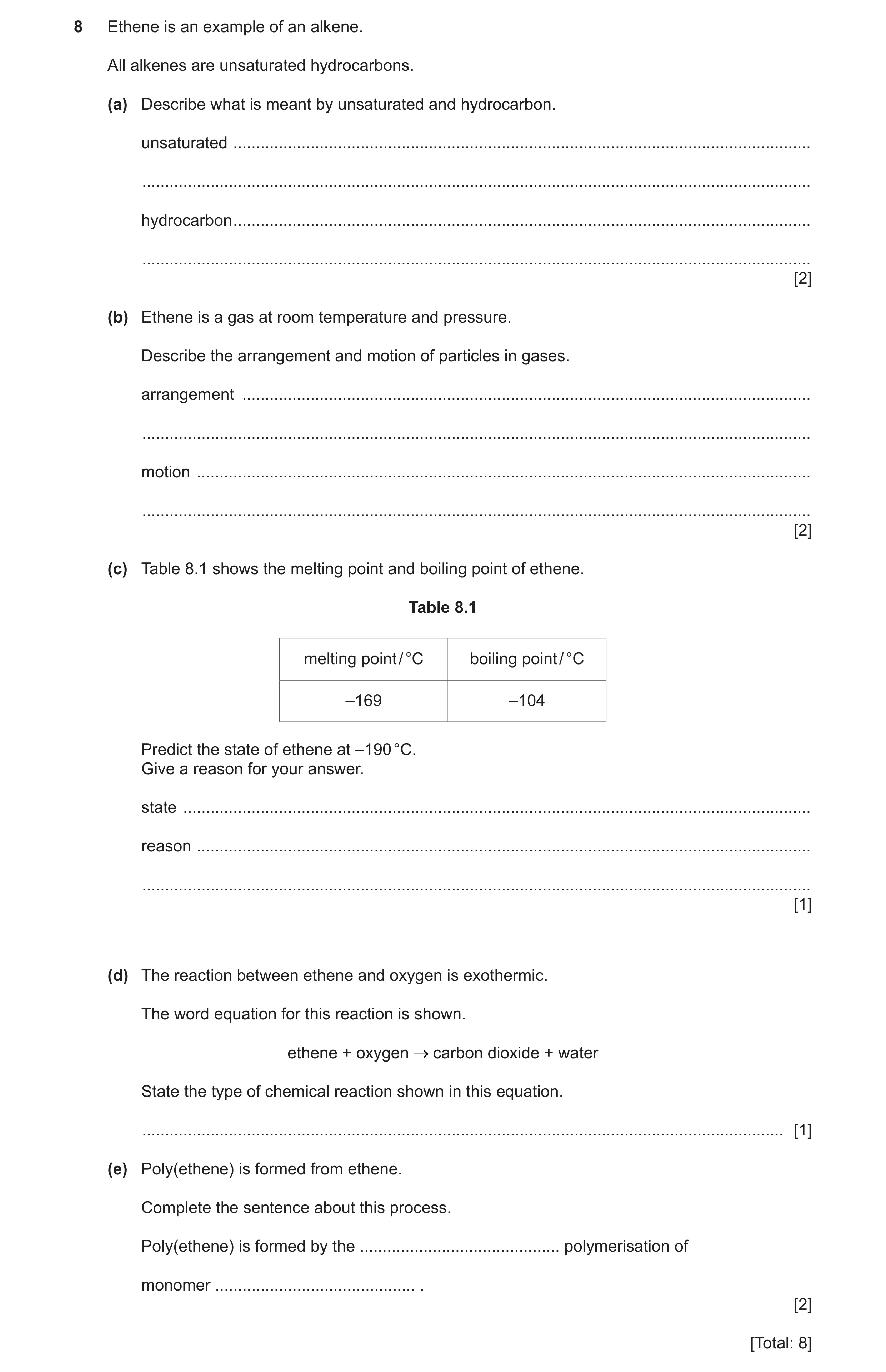 Question 21: Ethene is an example of an alkene. All alkenes are unsaturated hydrocarbons. (a) Describe what is meant by unsaturated and hydrocarbon. uns…