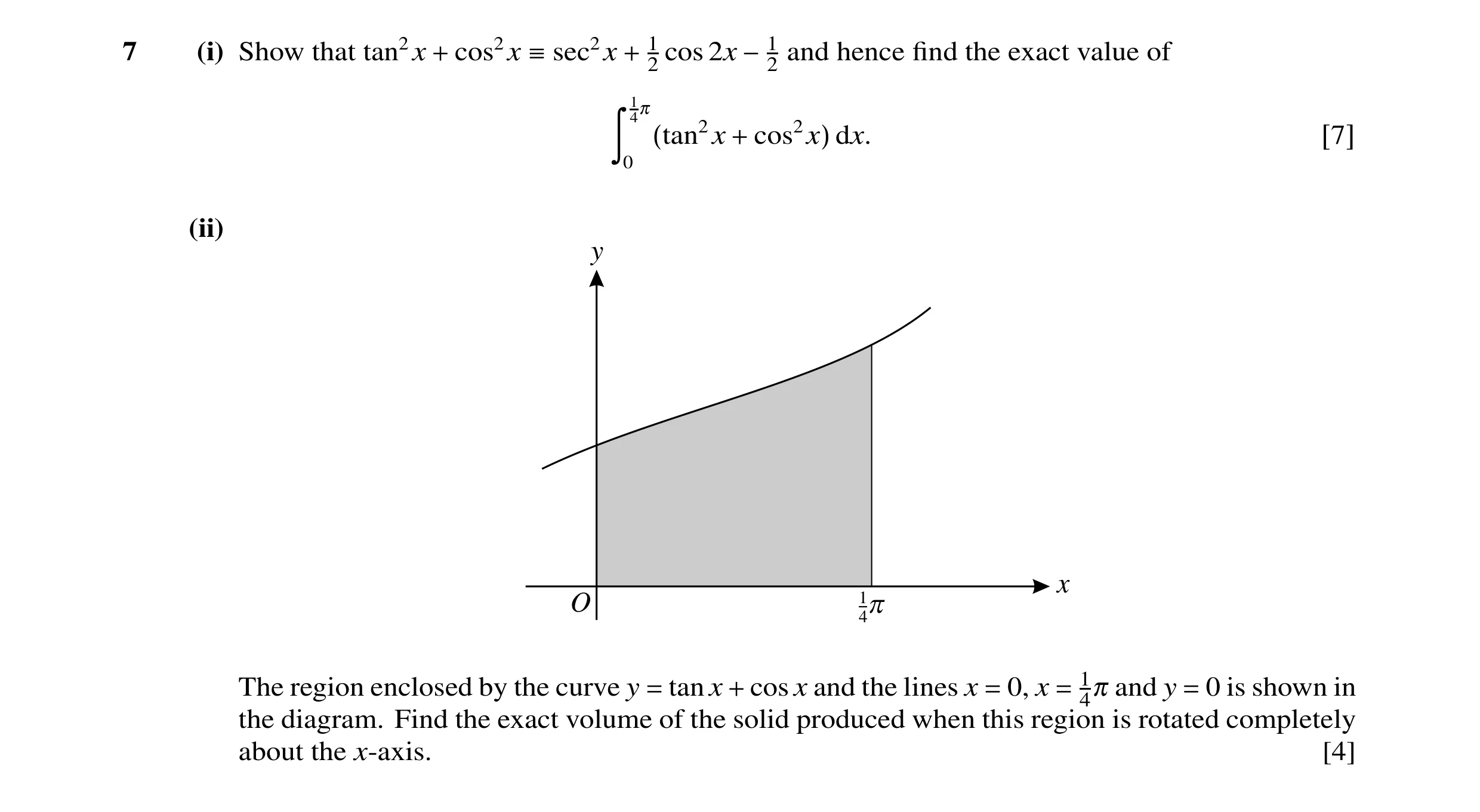 Question 30: (i) Show that tan2x cos2x 1 cos 2x and hence ﬁnd the exact value of + ≡sec2x + 2 −12 14π dx. ã 0 (tan2x + cos2x) [7] (ii) y 1 x O 4p 0 is s…