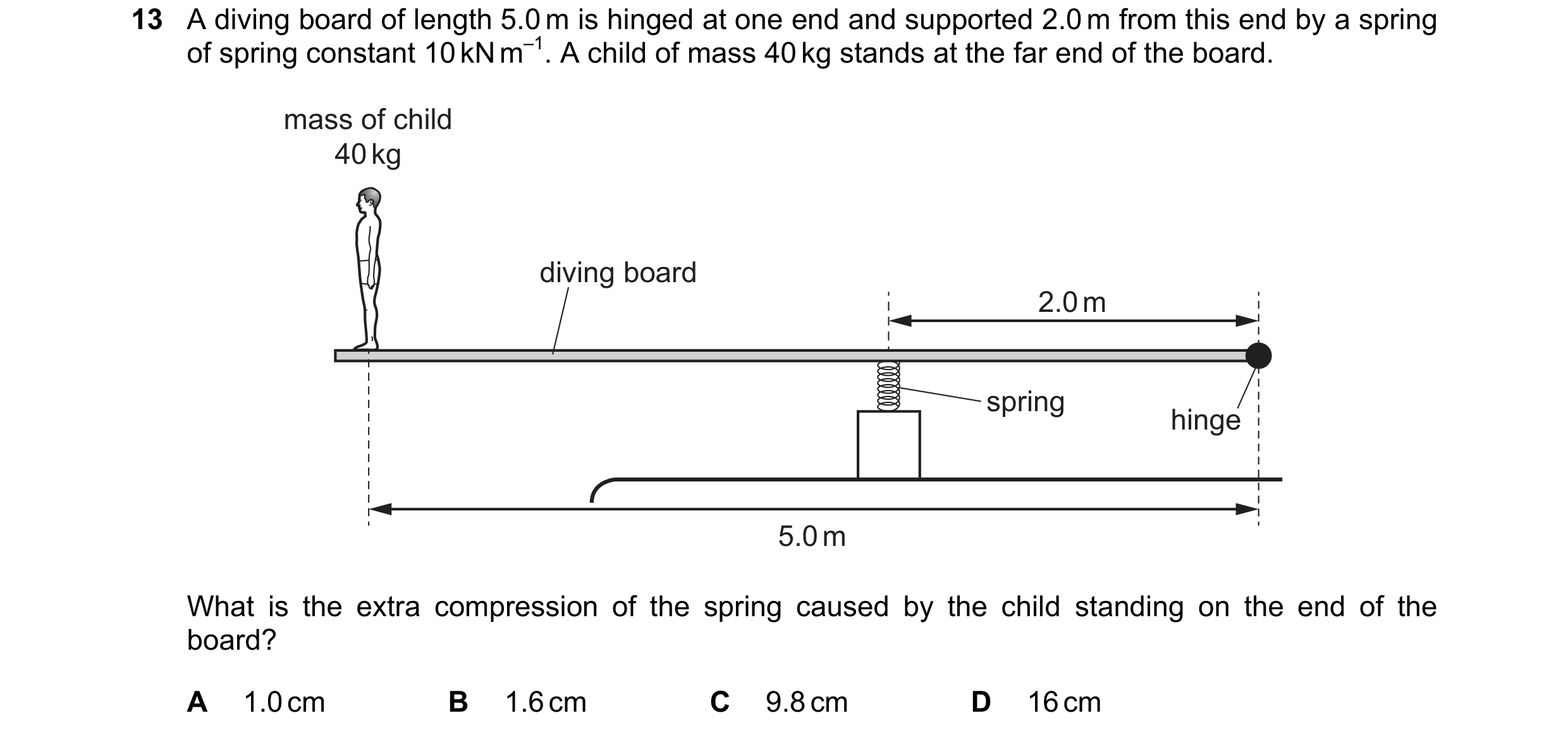 Question 112: A diving board of length 5.0 m is hinged at one end and supported 2.0 m from this end by a spring of spring constant 10 kN m–1. A child of …