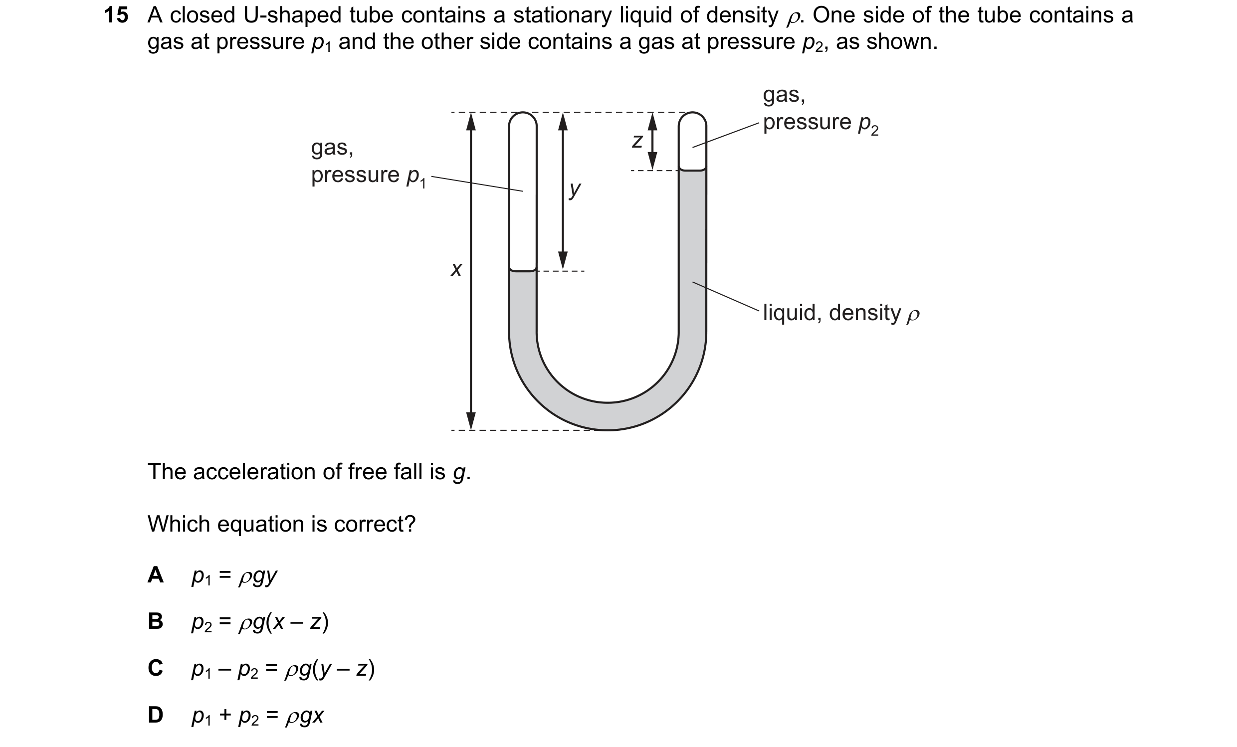 Question 142: Aclosed U-shaped tube contains a stationary liquid of density p. One side of the tube contains a
gas at pressure p, and the other side cont…