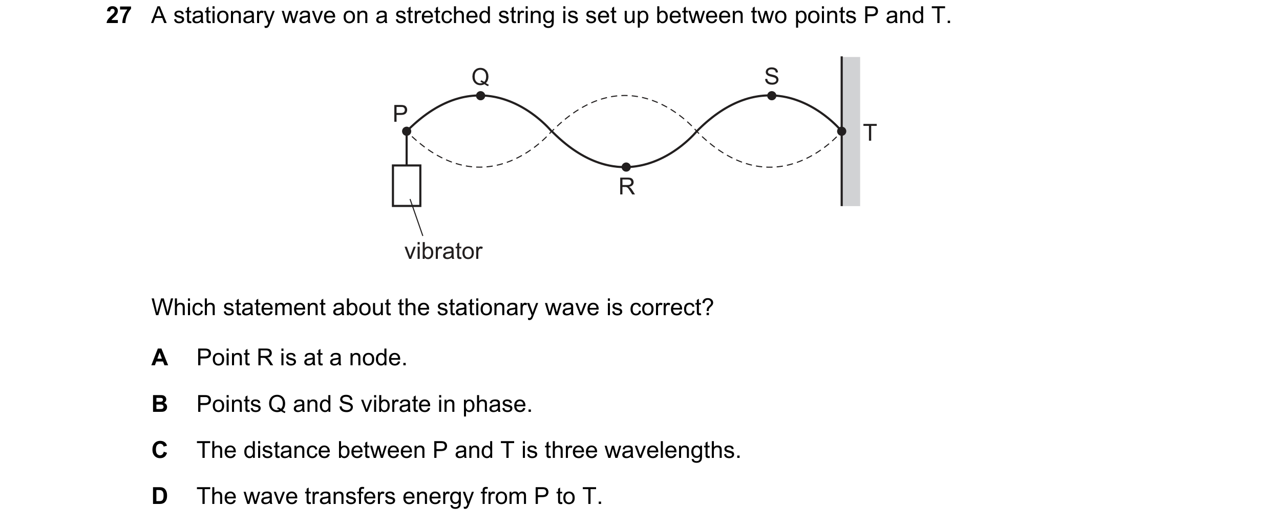 Question 104: A stationary wave on a stretched string is set up between two points P and T. Q S P T R vibrator Which statement about the stationary wave …