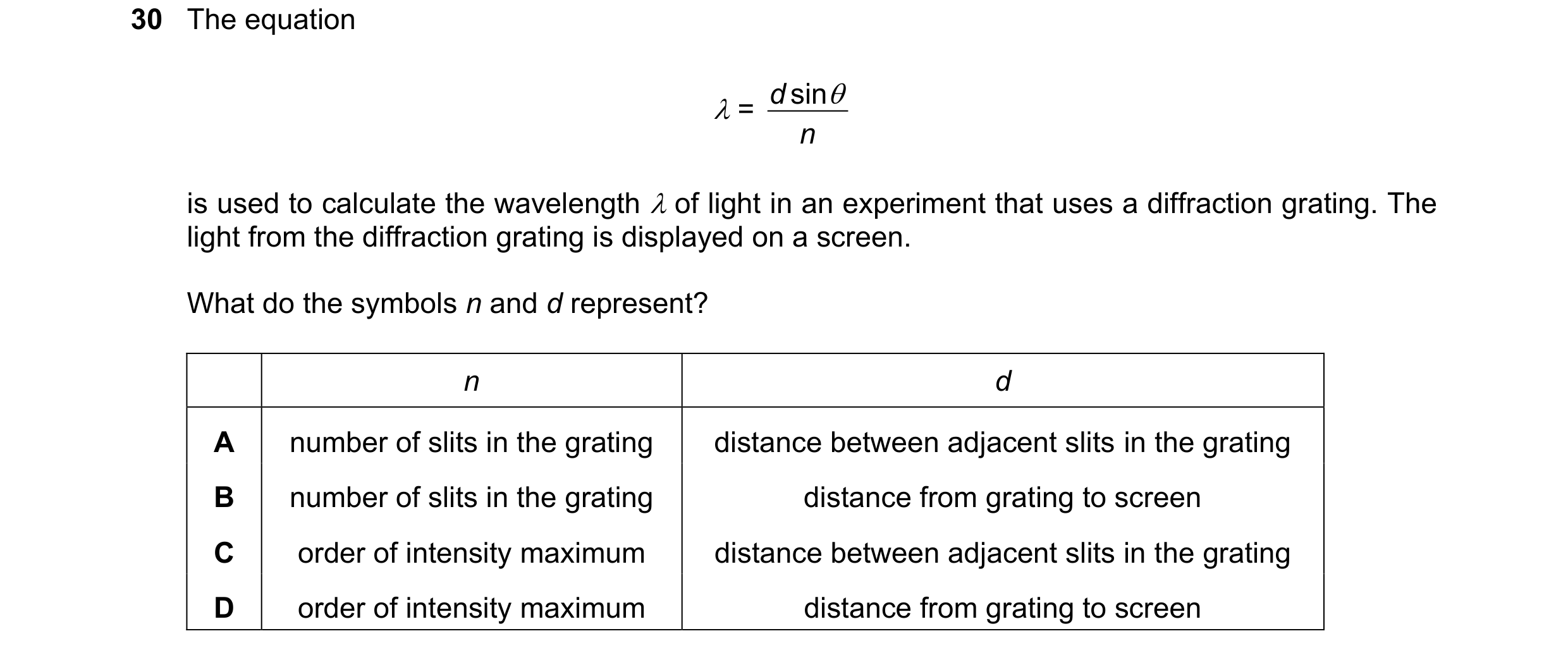 Question 59: The equation d sin   = n is used to calculate the wavelength  of light in an experiment that uses a diffraction grating. The light from …