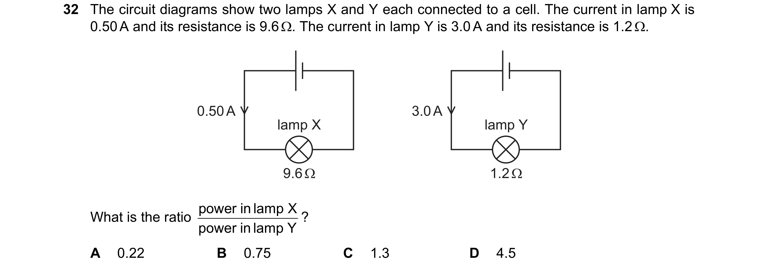 Question 142: The circuit diagrams show two lamps X and Y each connected to a cell. The current in lamp X is
0.50A and its resistance is 9.69. The curren…