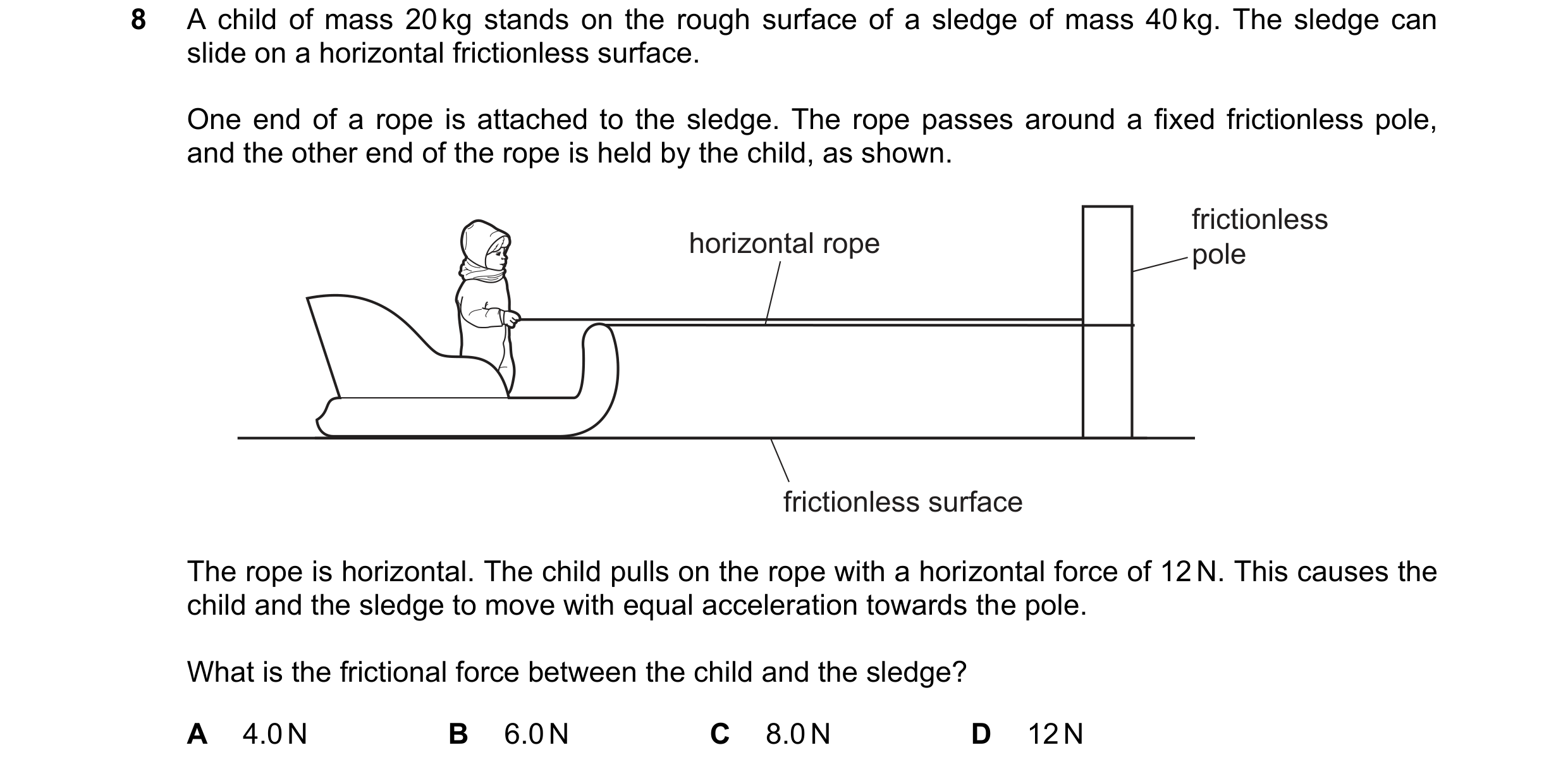 Question 126: A child of mass 20 kg stands on the rough surface of a sledge of mass 40 kg. The sledge can slide on a horizontal frictionless surface. One…
