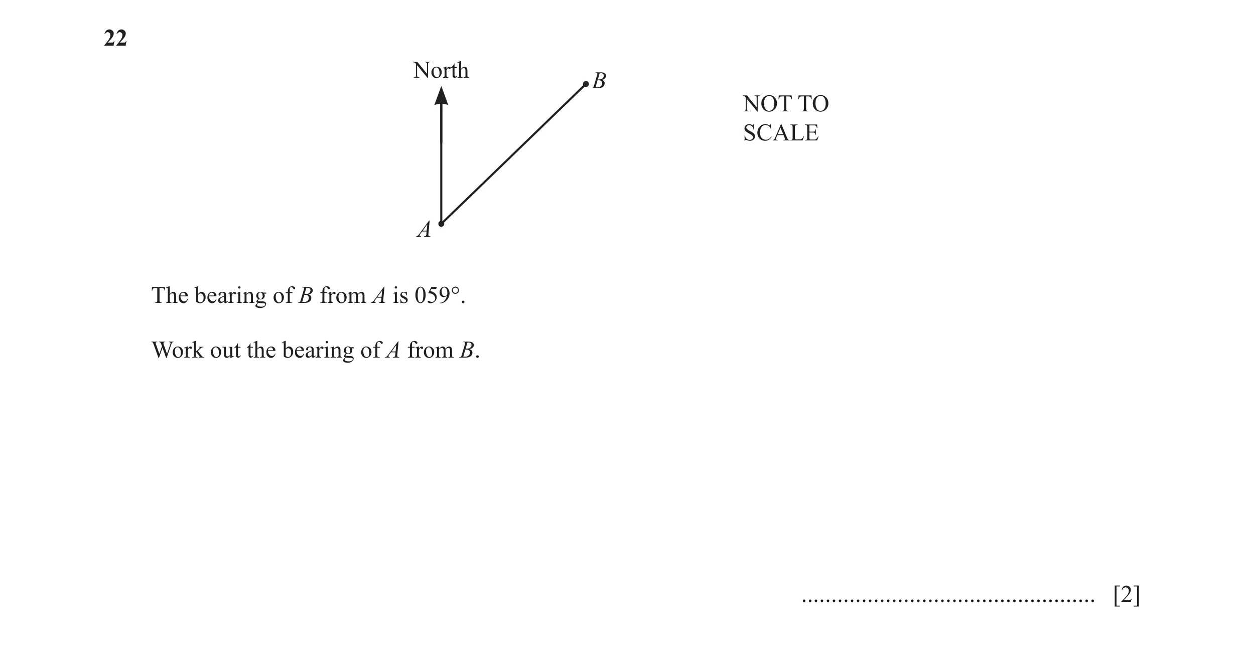 Question 66: North B NOT TO SCALE A The bearing of B from A is 059°. Work out the bearing of A from B. .................................................…
