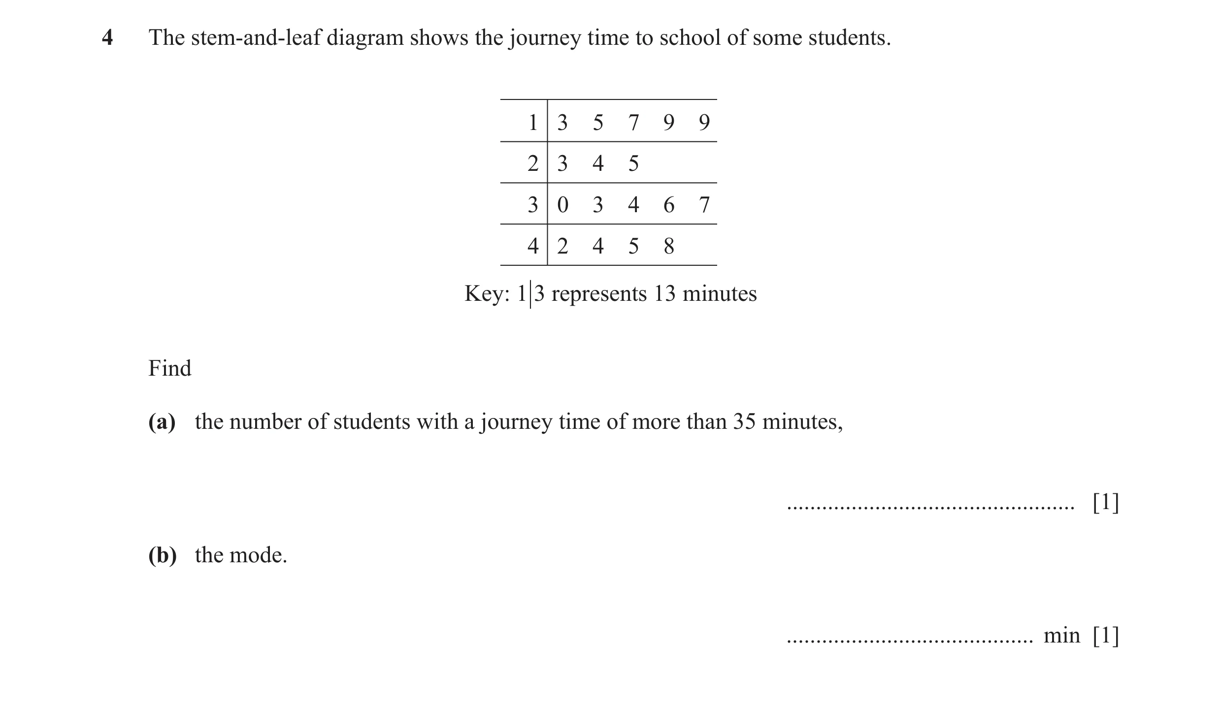 Question 25: The stem-and-leaf diagram shows the journey time to school of some students. 1 3 5 7 9 9 2 3 4 5 3 0 3 4 6 7 4 2 4 5 8 Key: 1 3 represents …
