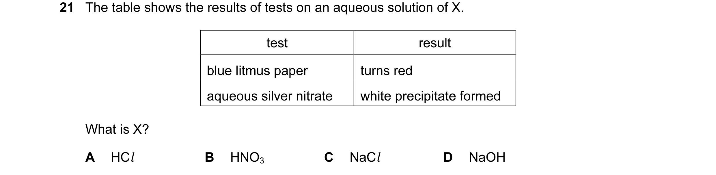 Question 29: The table shows the results of tests on an aqueous solution of X. test result blue litmus paper turns red aqueous silver nitrate white prec…