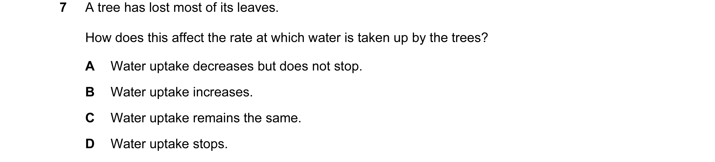 Question 20: A tree has lost most of its leaves. How does this affect the rate at which water is taken up by the trees? A Water uptake decreases but doe…