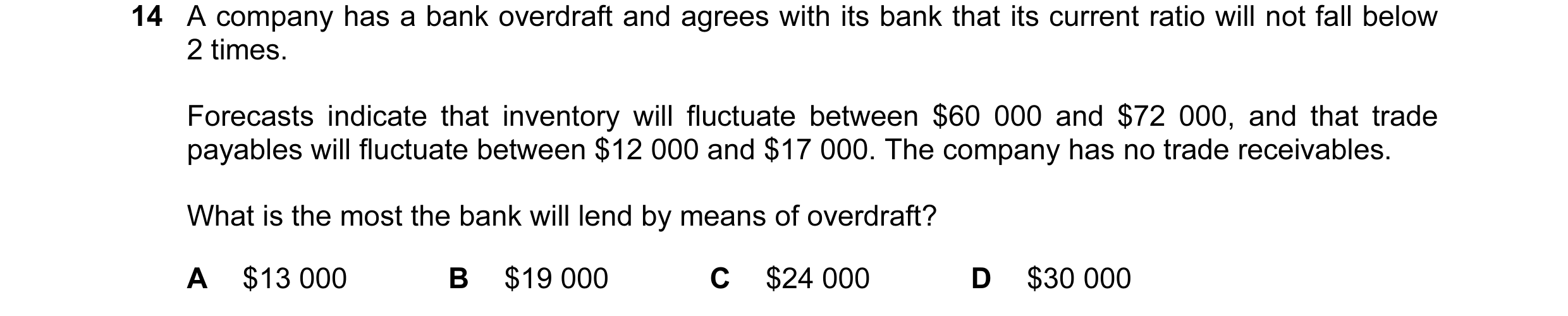 Question 21: A company has a bank overdraft and agrees with its bank that its current ratio will not fall below 2 times. Forecasts indicate that invento…