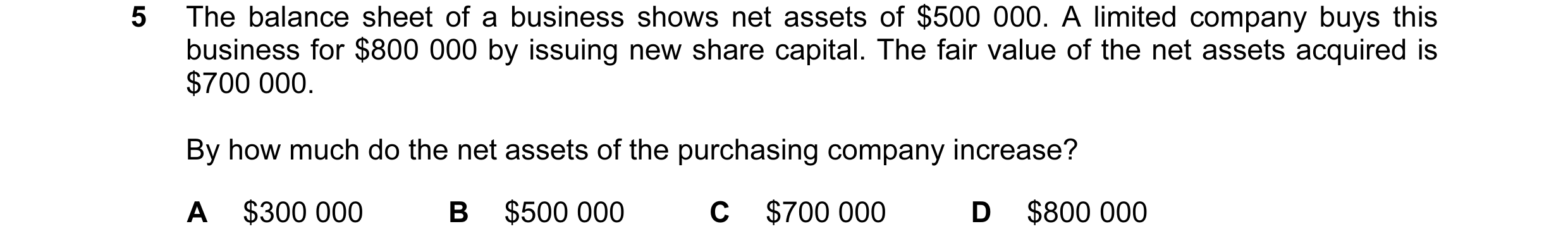 Question 28: The balance sheet of a business shows net assets of $500 000. A limited company buys this business for $800 000 by issuing new share capita…