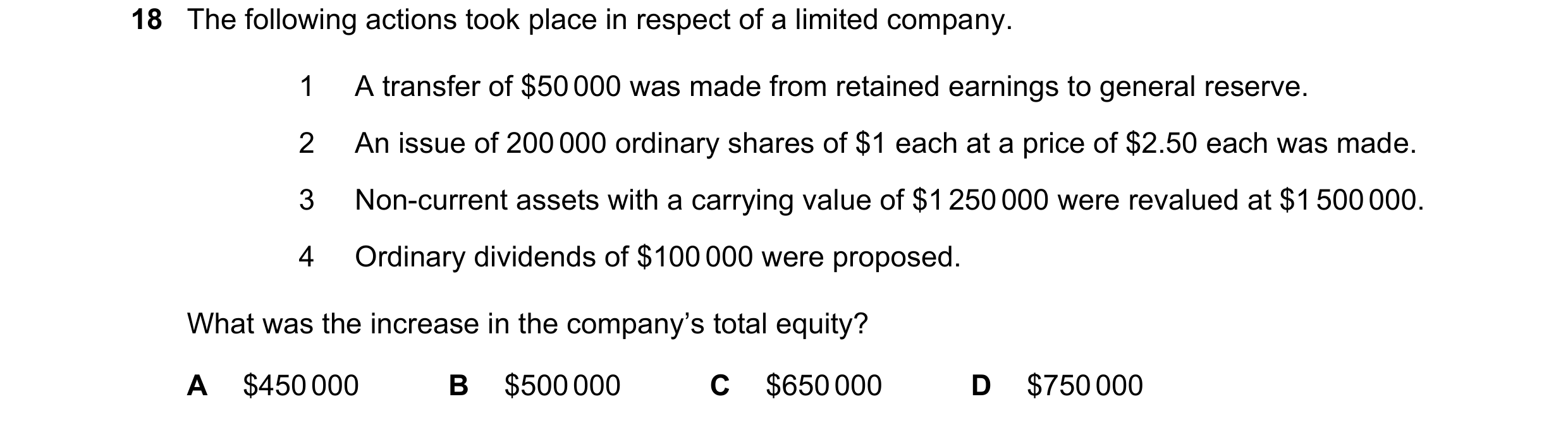 Question 179: The following actions took place in respect of a limited company. 1 A transfer of $50 000 was made from retained earnings to general reserv…