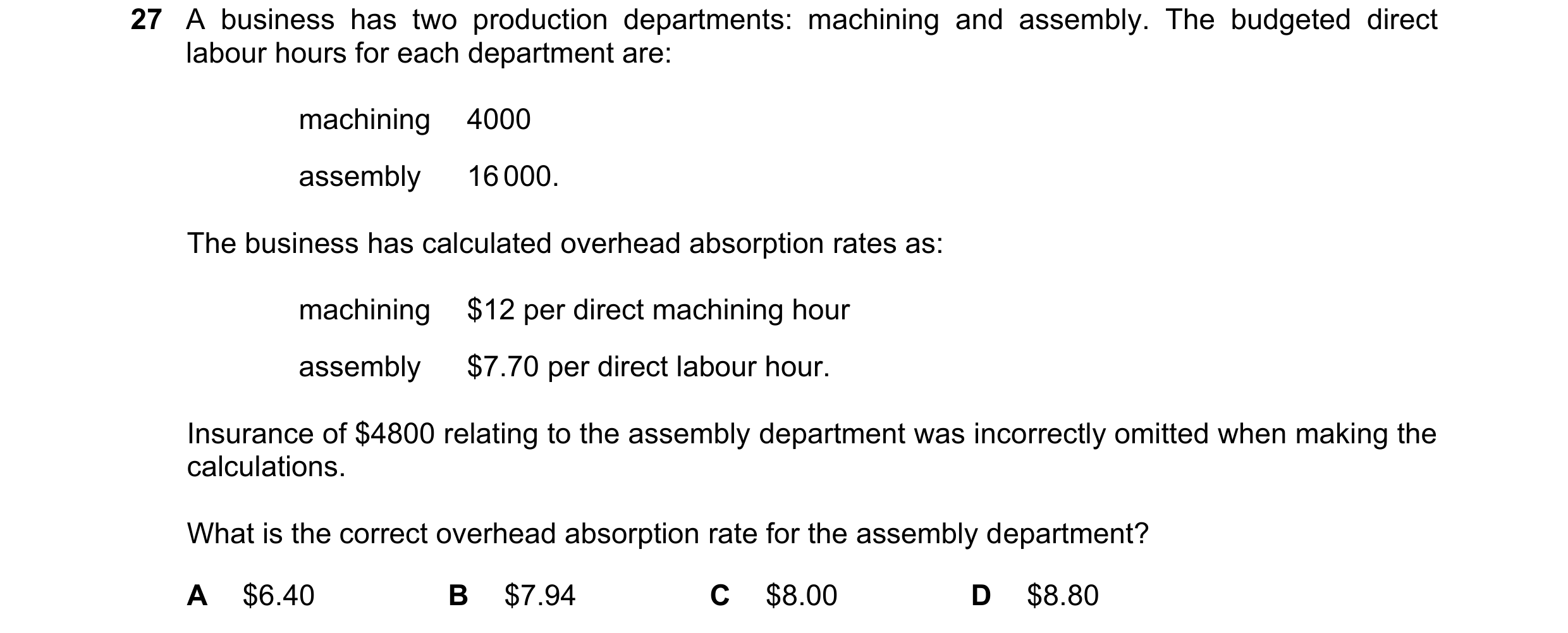 Question 484: A business has two production departments: machining and assembly. The budgeted direct labour hours for each department are: machining 4000…