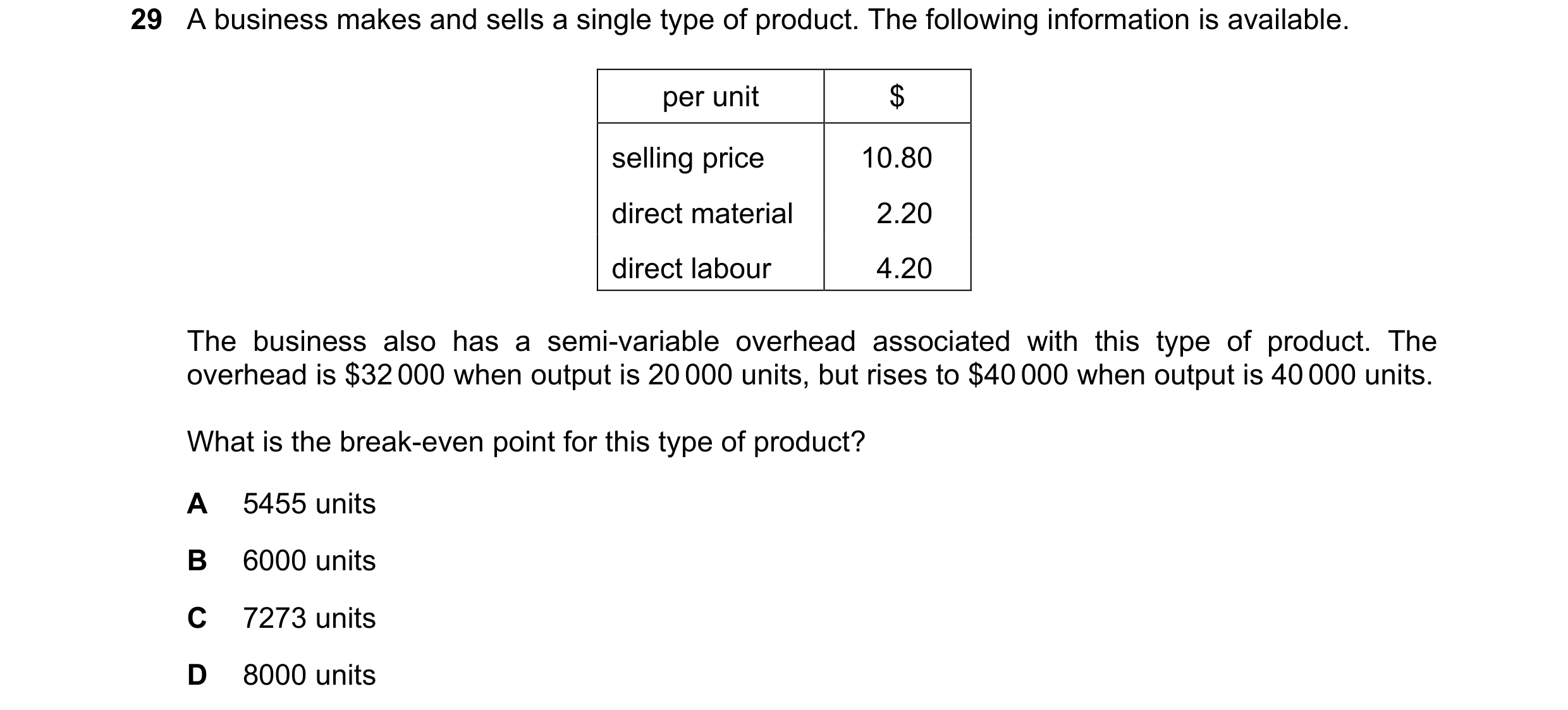 Question 365: A business makes and sells a single type of product. The following information is available. per unit $ selling price 10.80 direct material…