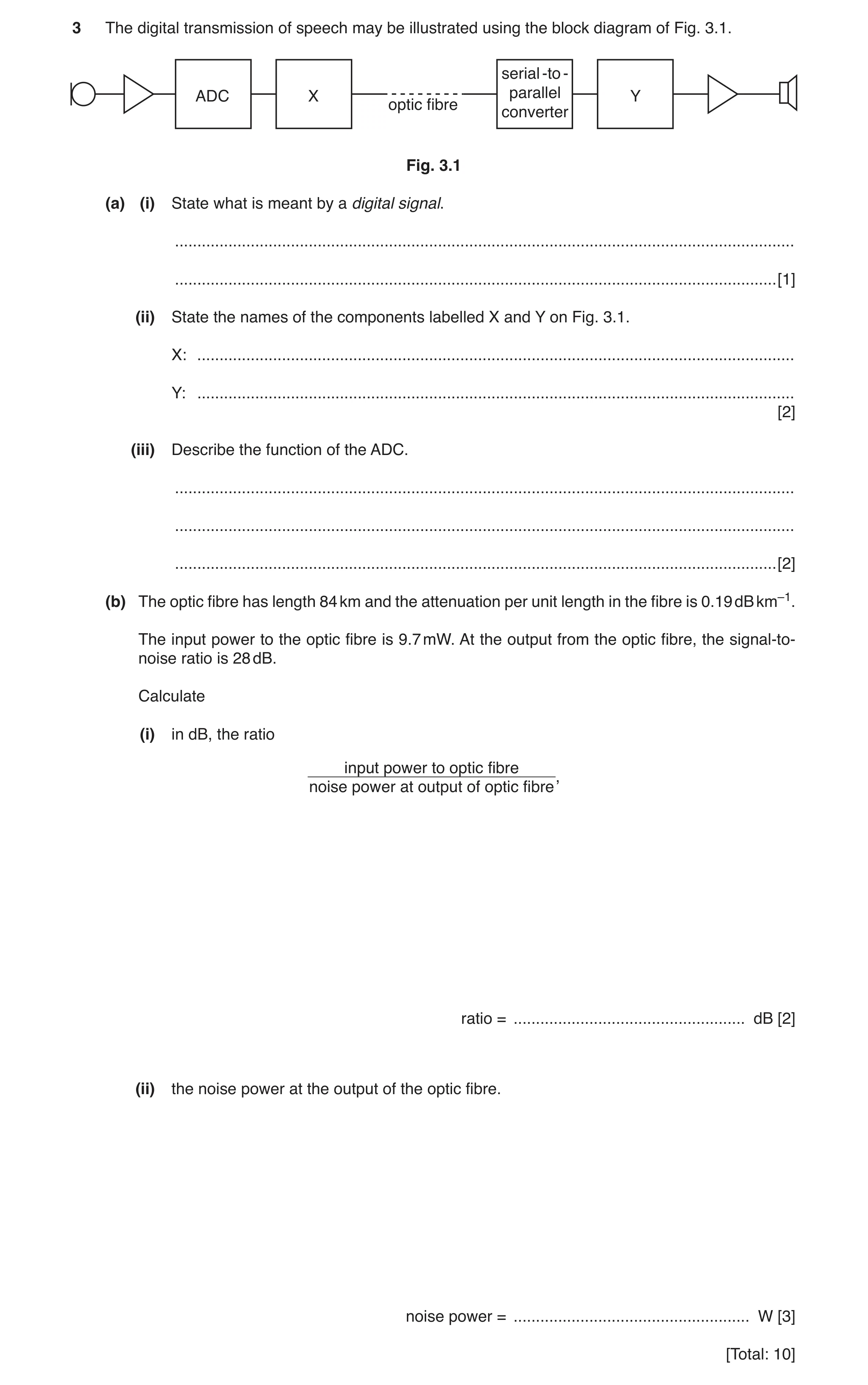 Question 4: The digital transmission of speech may be illustrated using the block diagram of Fig. 3.1. serial -to - ADC X parallel Y optic fibre conver…