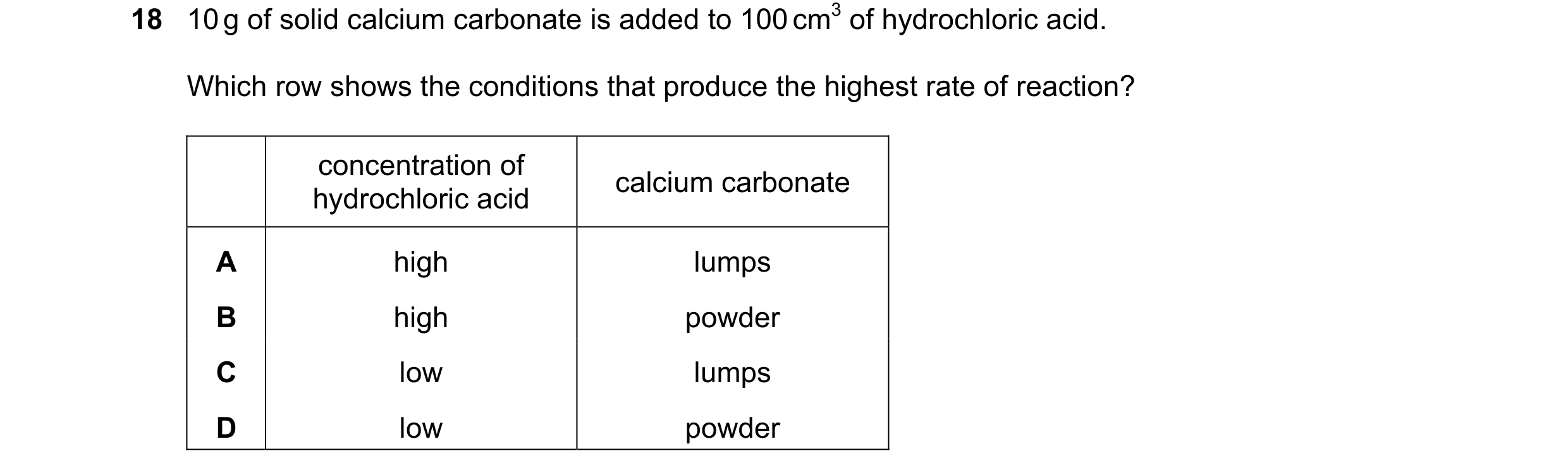 Question 71: 10 g of solid calcium carbonate is added to 100 cm3 of hydrochloric acid. Which row shows the conditions that produce the highest rate of r…