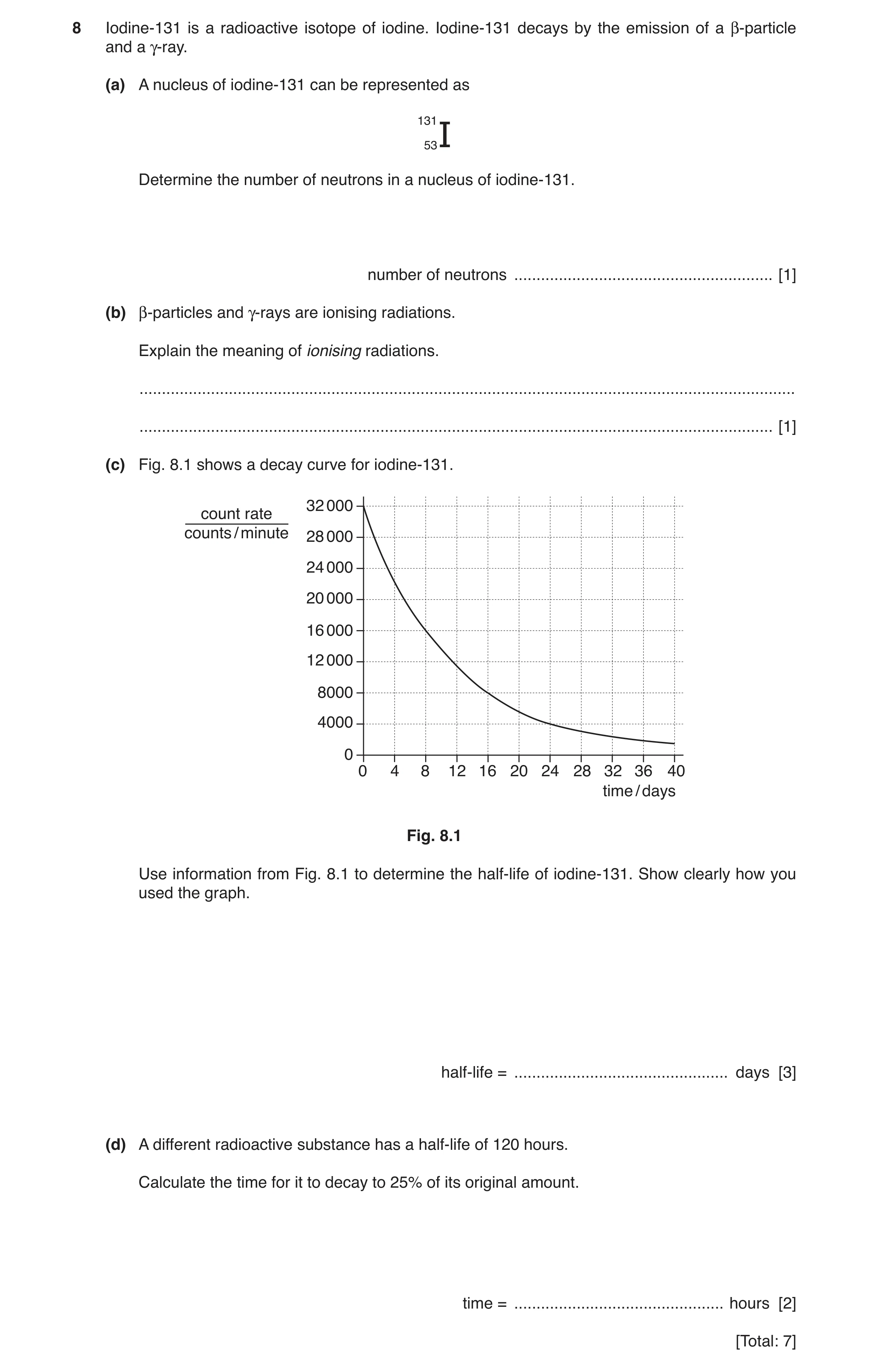 Question 22: Iodine-131 is a radioactive isotope of iodine. Iodine-131 decays by the emission of a β-particle and a γ-ray. (a) A nucleus of iodine-131 c…