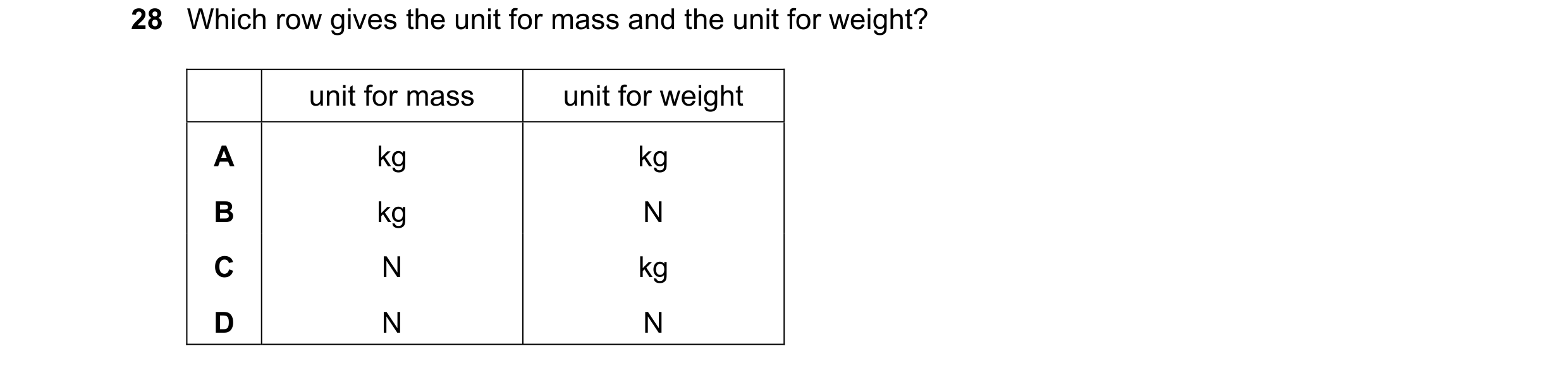 Question 18: Which row gives the unit for mass and the unit for weight? unit for mass unit for weight A kg kg B kg N C N kg D N N