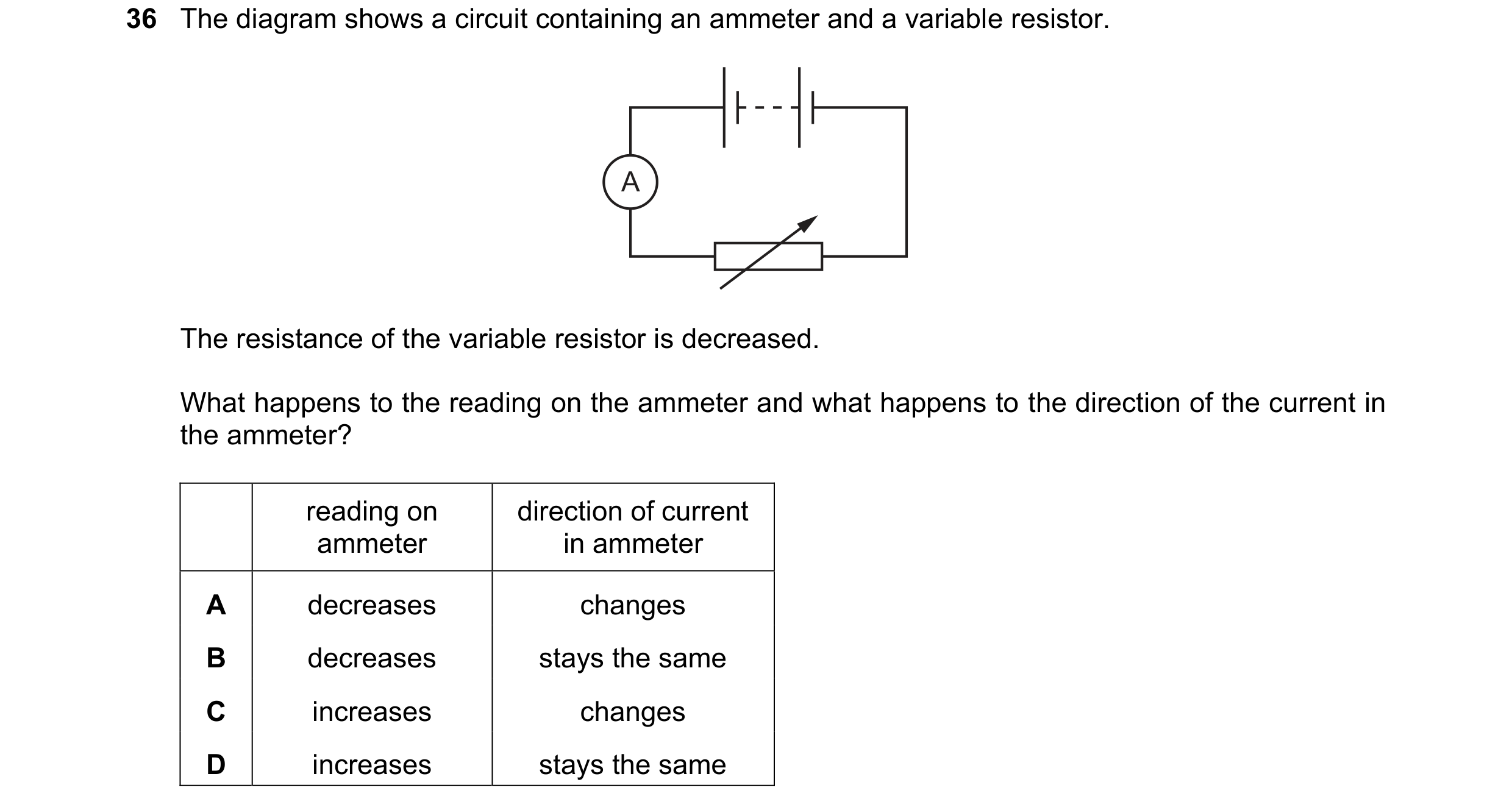 Question 86: The diagram shows a circuit containing an ammeter and a variable resistor. A The resistance of the variable resistor is decreased. What hap…